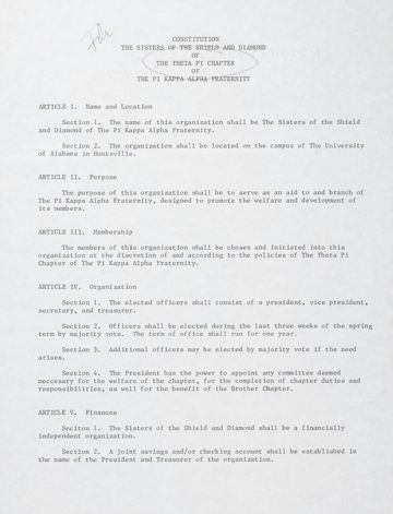 Constitution of The Sisters of the Shield and Diamond of Theta Pi Chapter, c. 1982