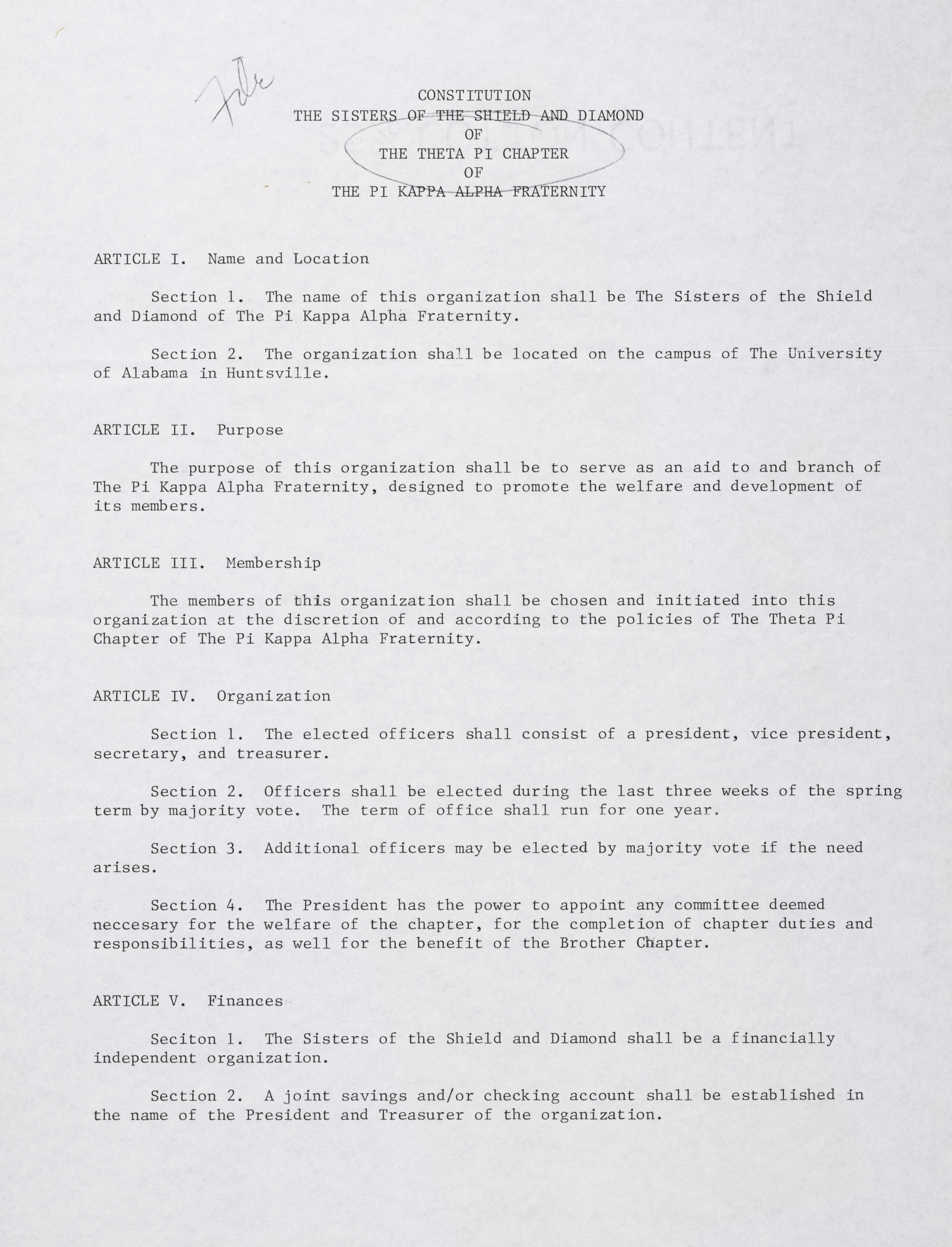 Constitution of The Sisters of the Shield and Diamond of Theta Pi Chapter, c. 1982