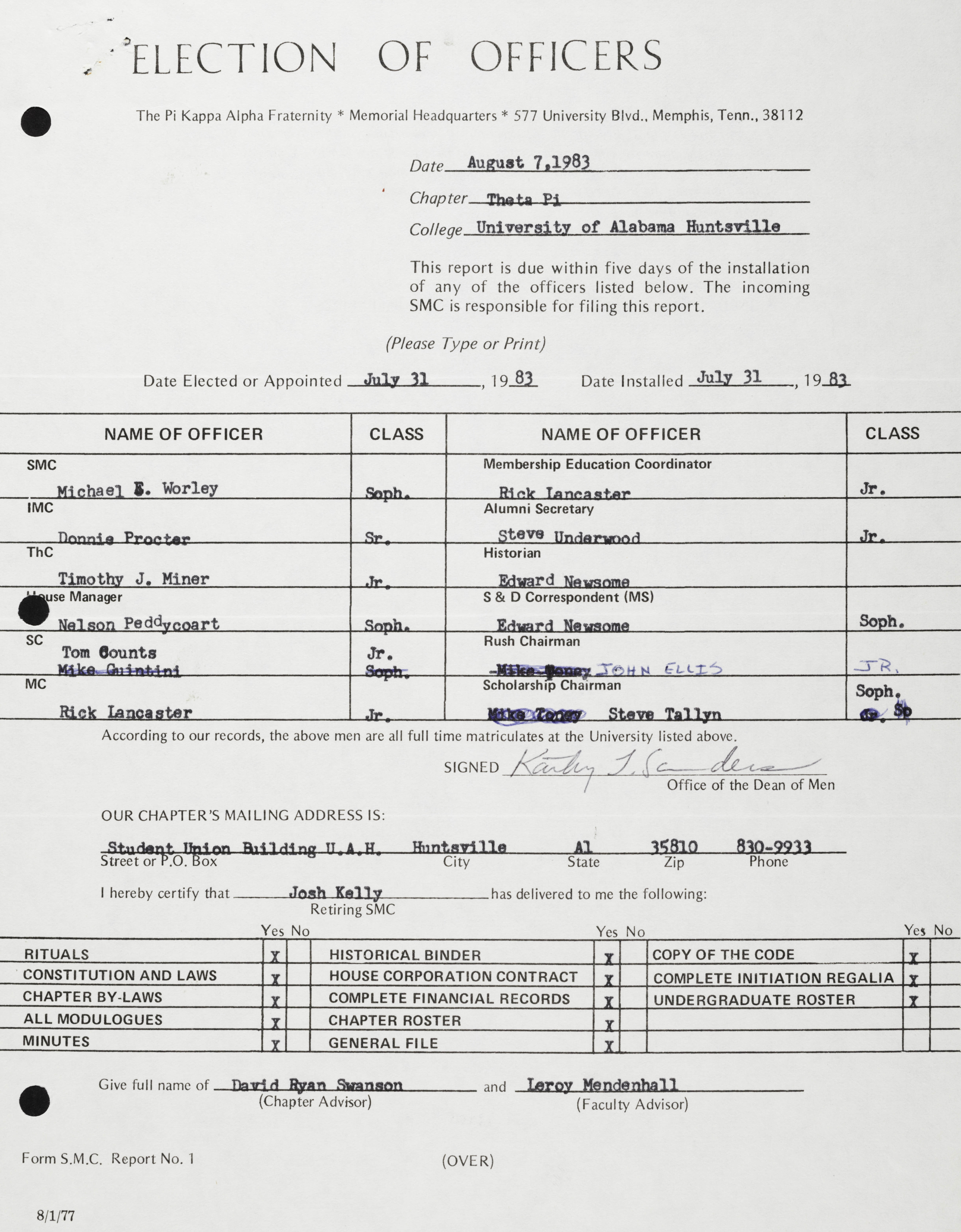 Election of Officers Report, August 7, 1983