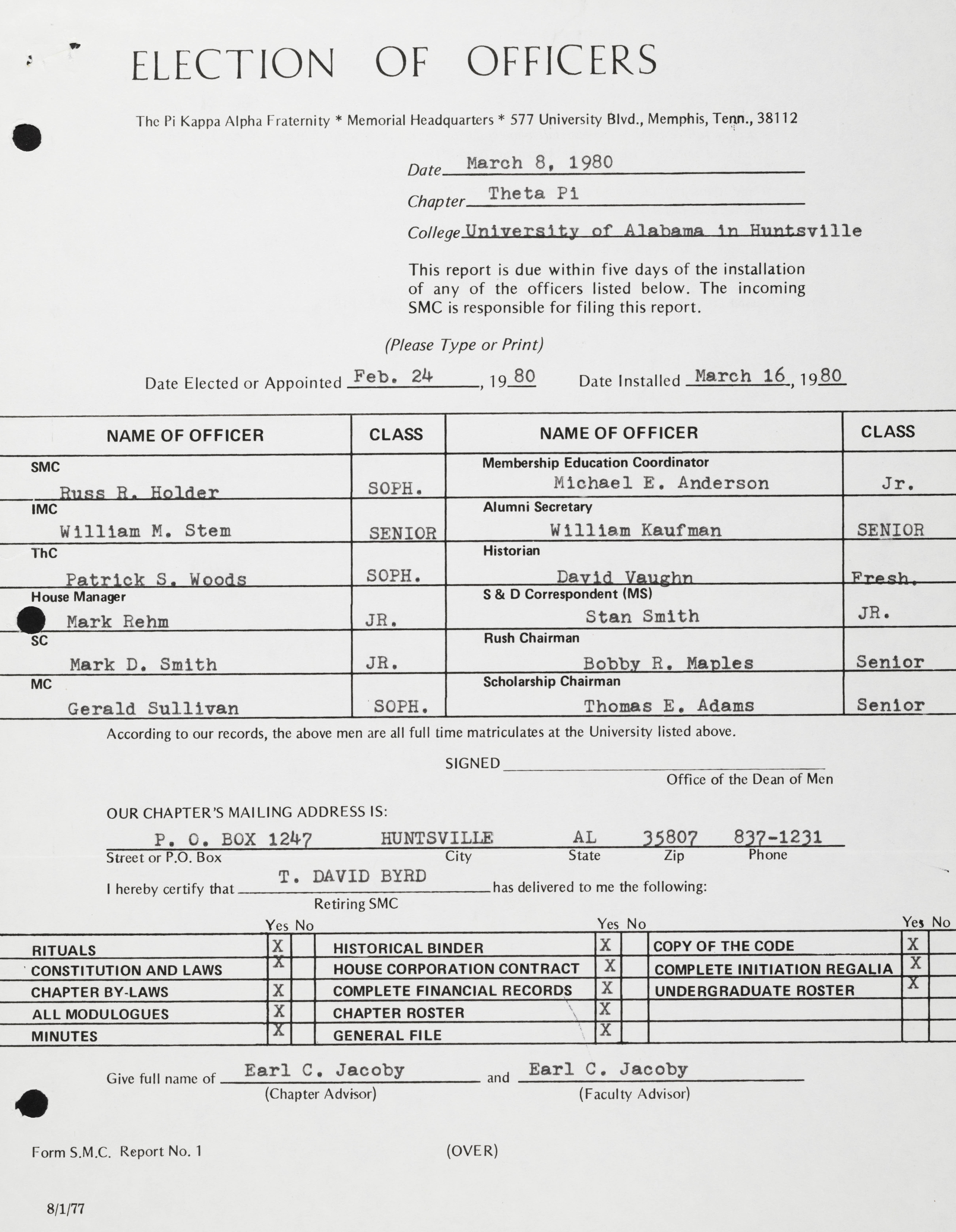 Election of Officers Report, March 6, 1980