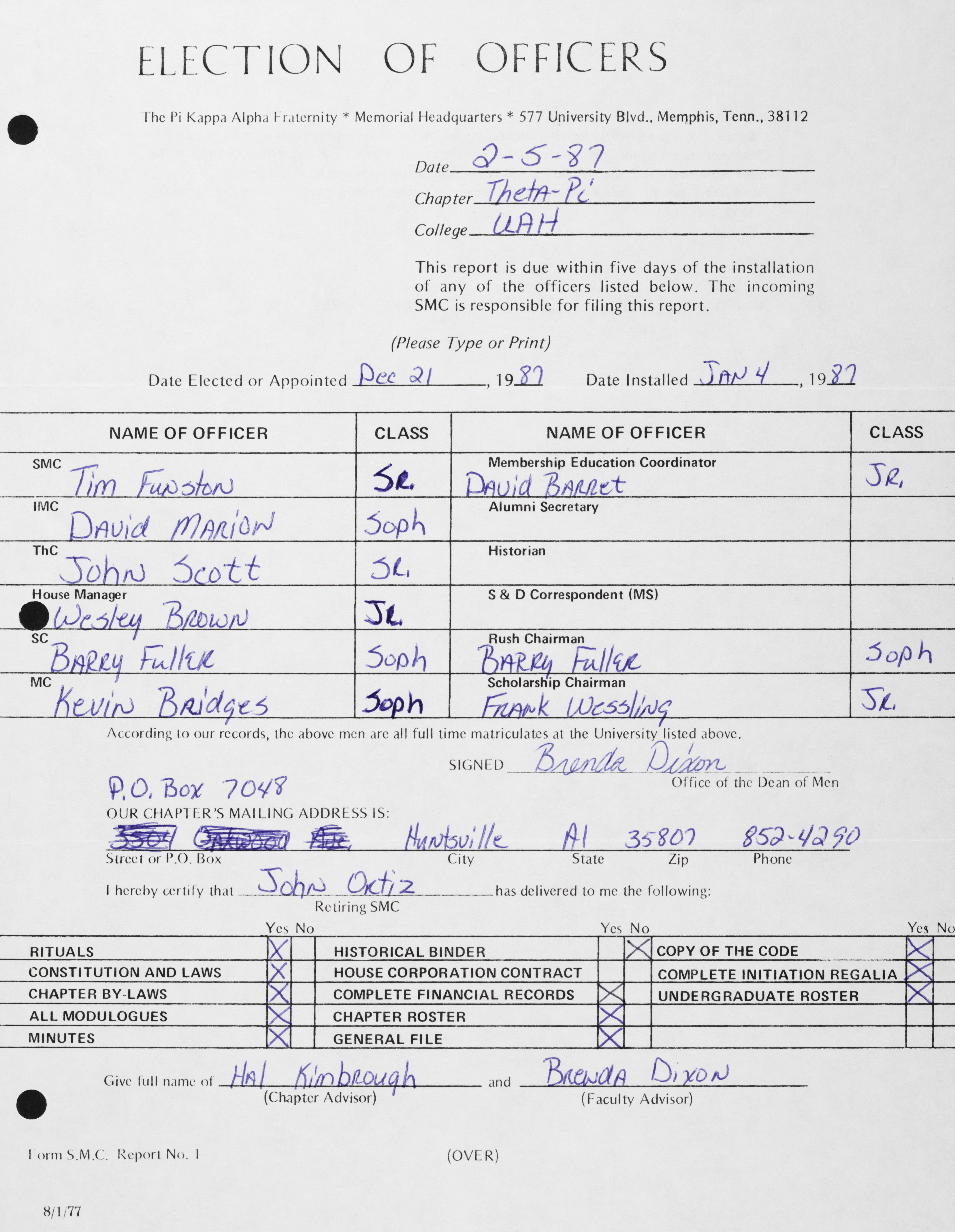 Election of Officers Report, February 5, 1987