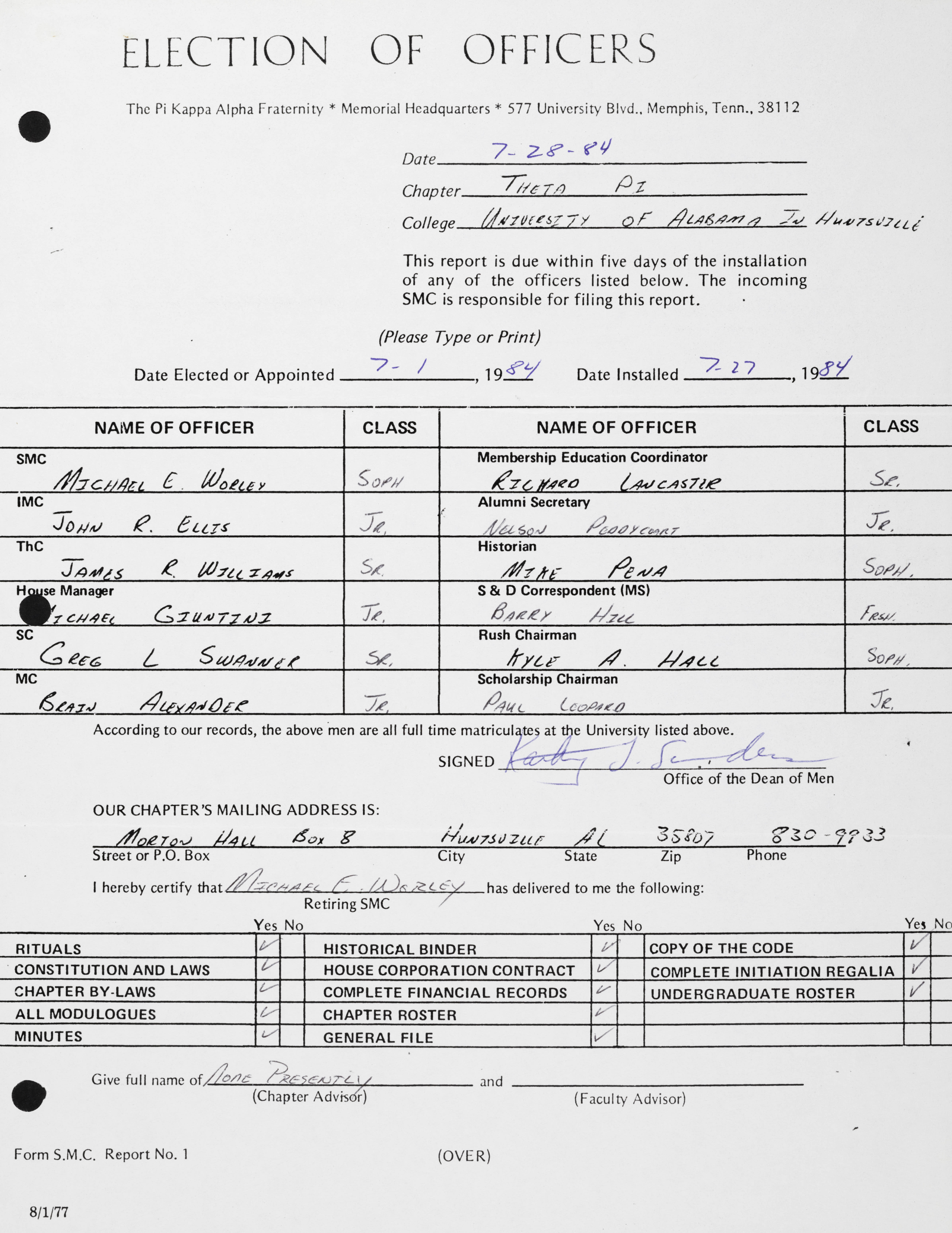 Election of Officers Report, July 28, 1984