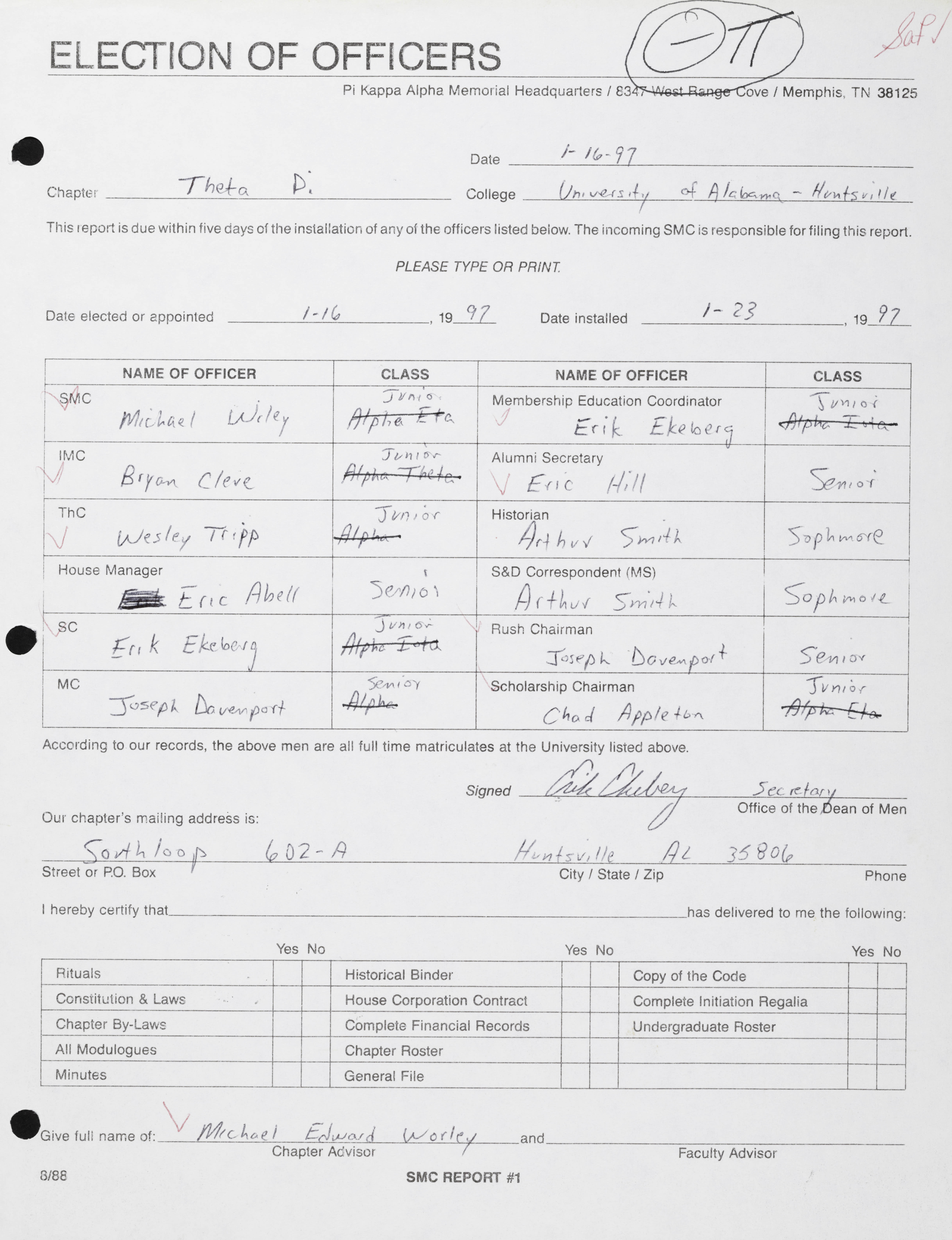 Election of Officers Report, January 16, 1997