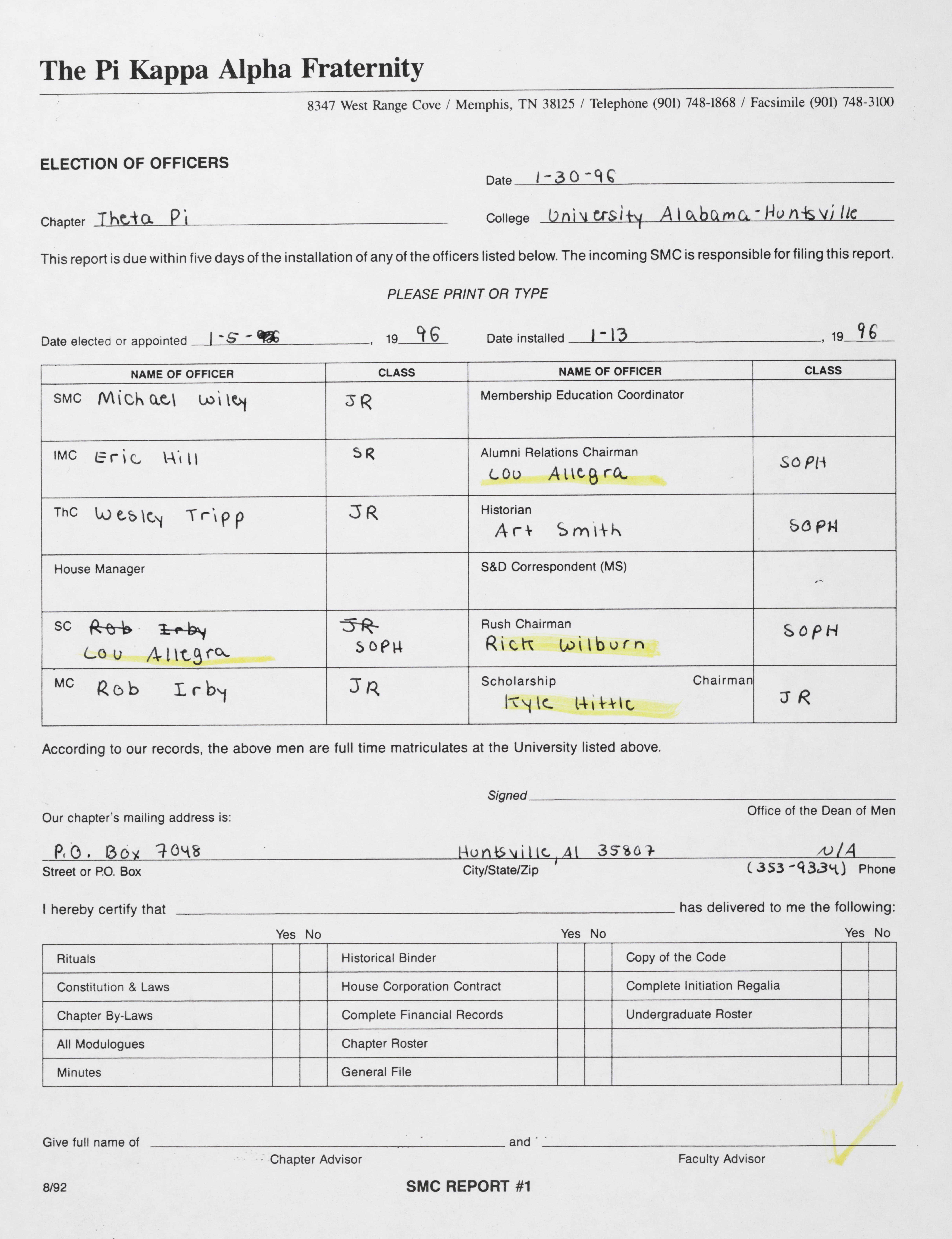 Election of Officers Report, January 30, 1996