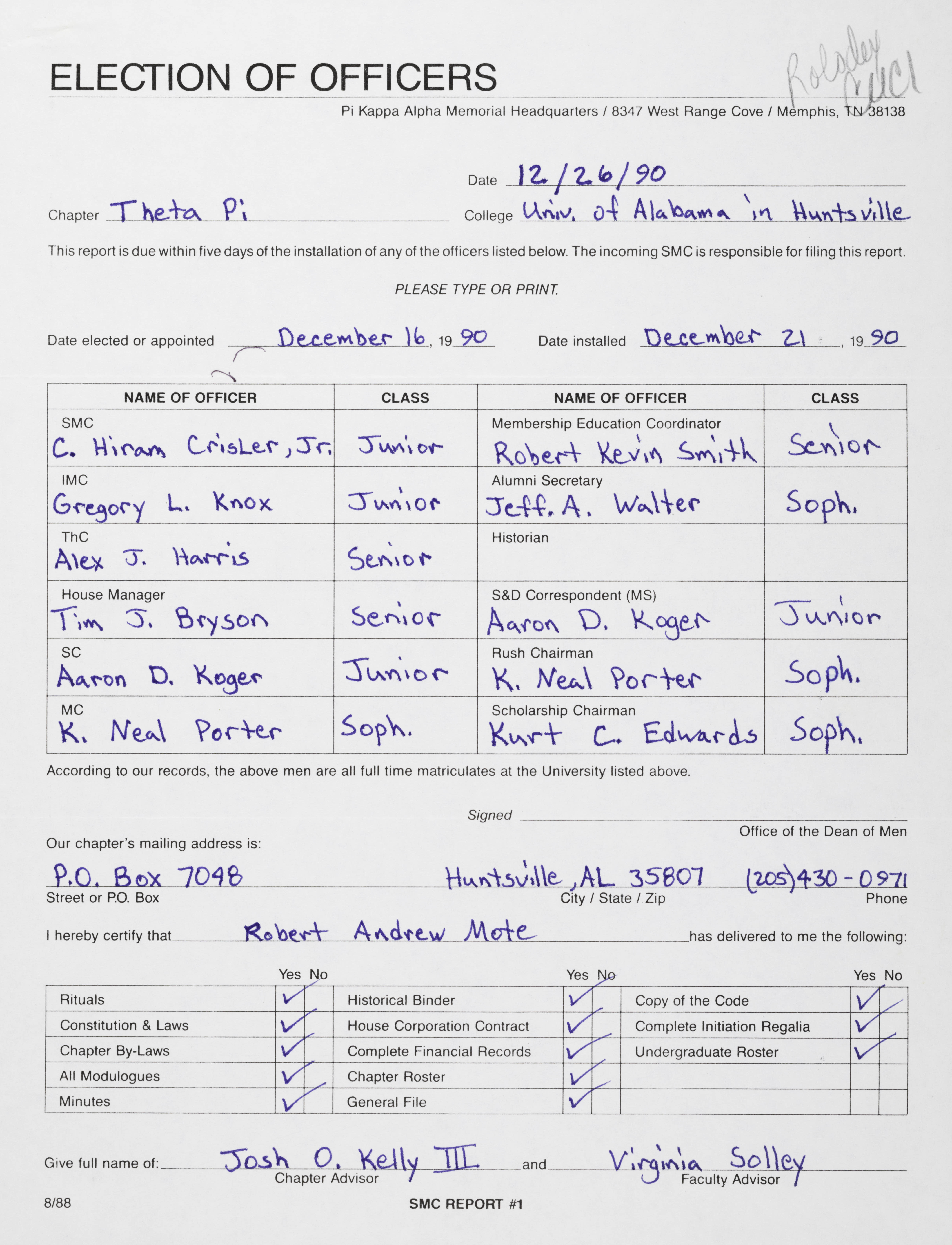 Election of Officers Report, December 26, 1990
