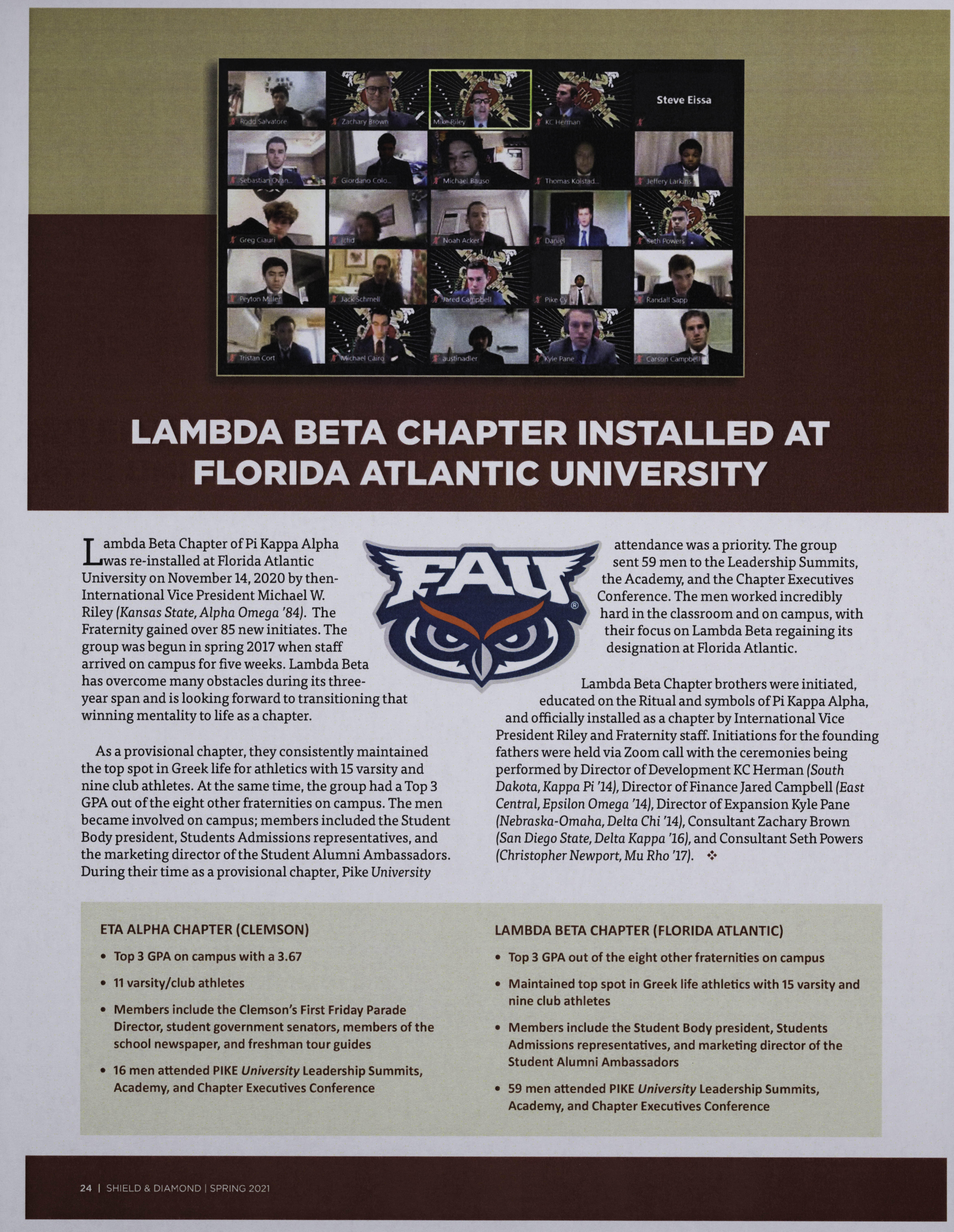 Lambda Beta Chapter Installed at Florida Atlantic University Magazine Clipping, Spring 2021