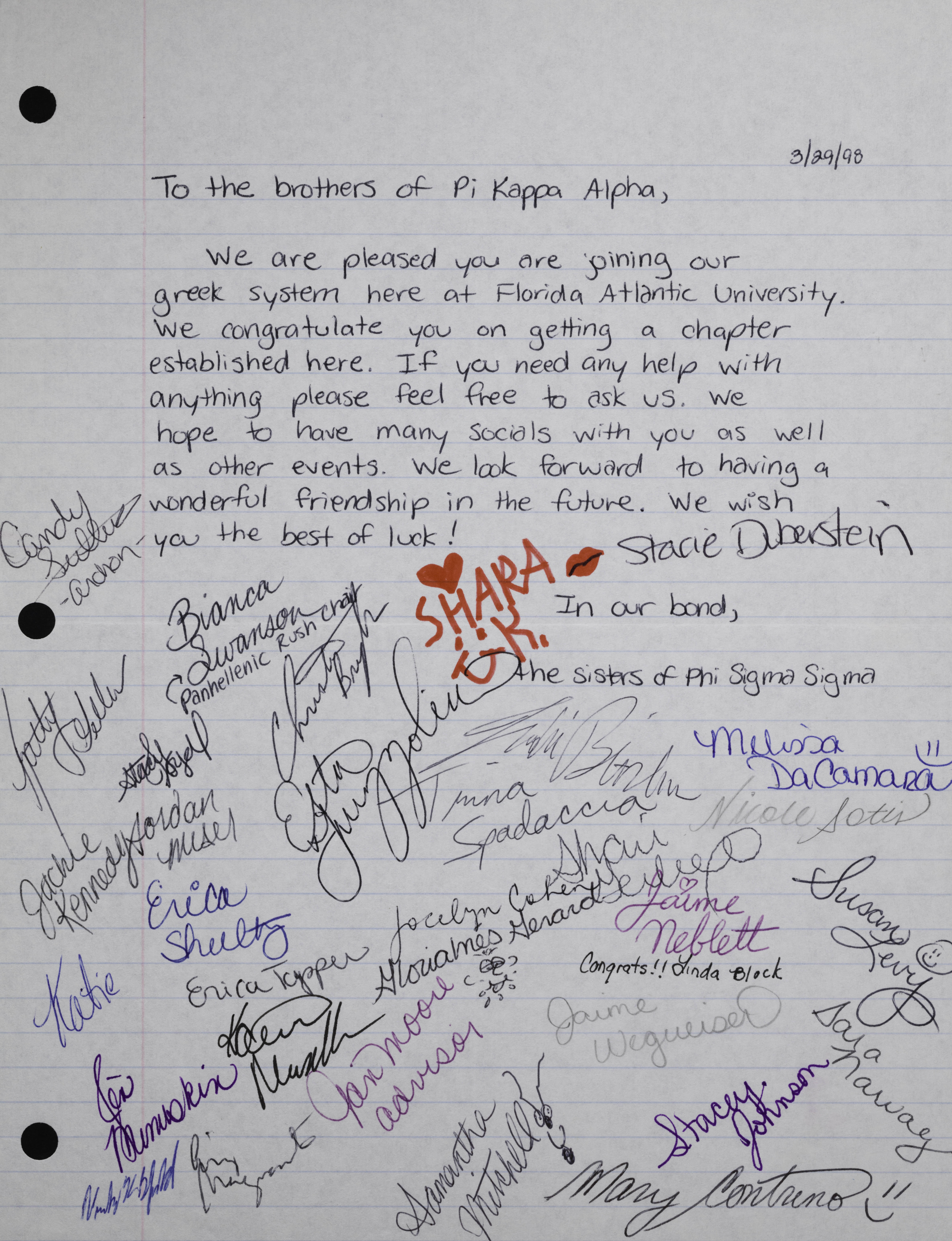 To the Brothers of Pi Kappa Alpha Letter, March 29, 1998