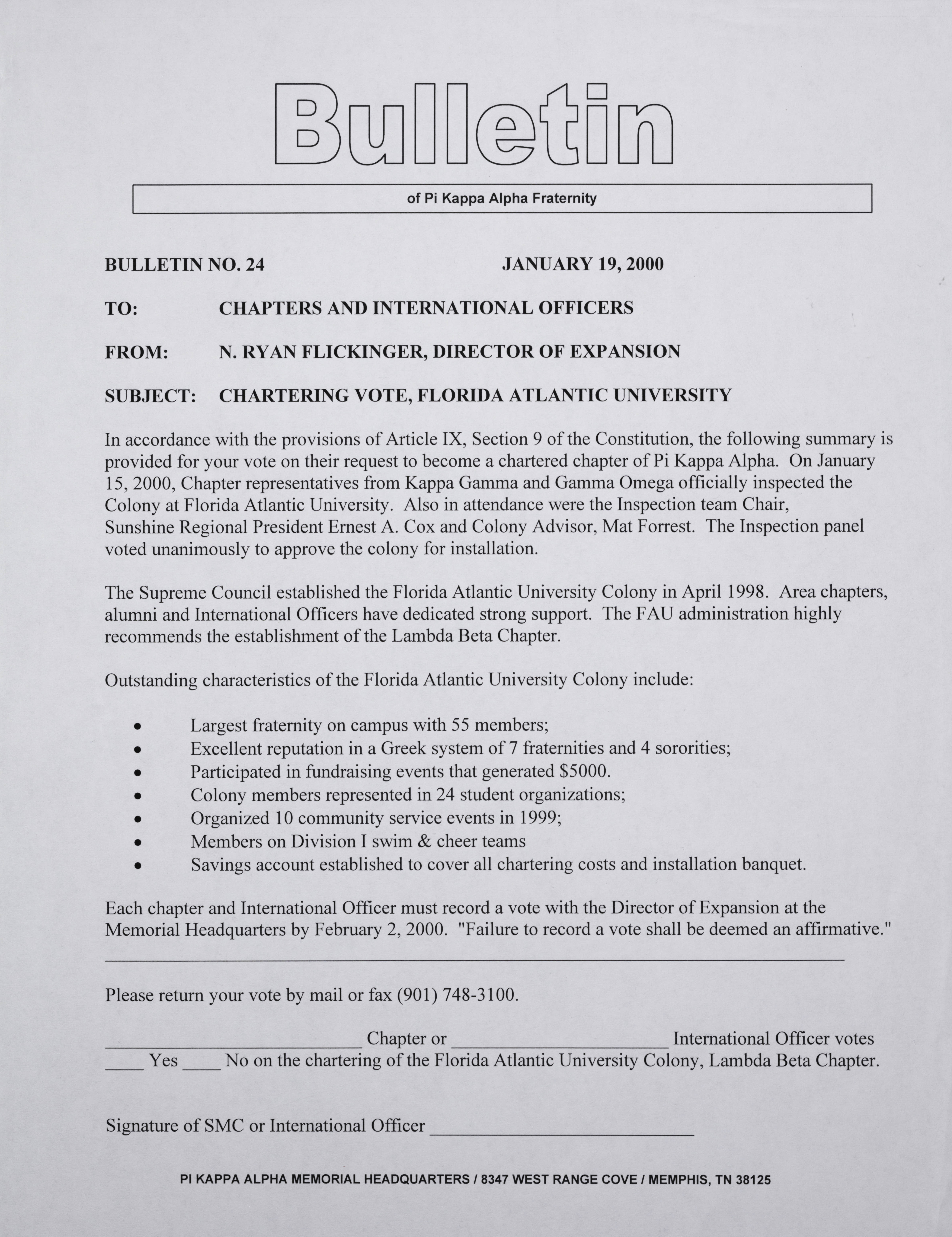 Ryan Flickinger to Chapters and International Officers Bulletin, January 19, 2000