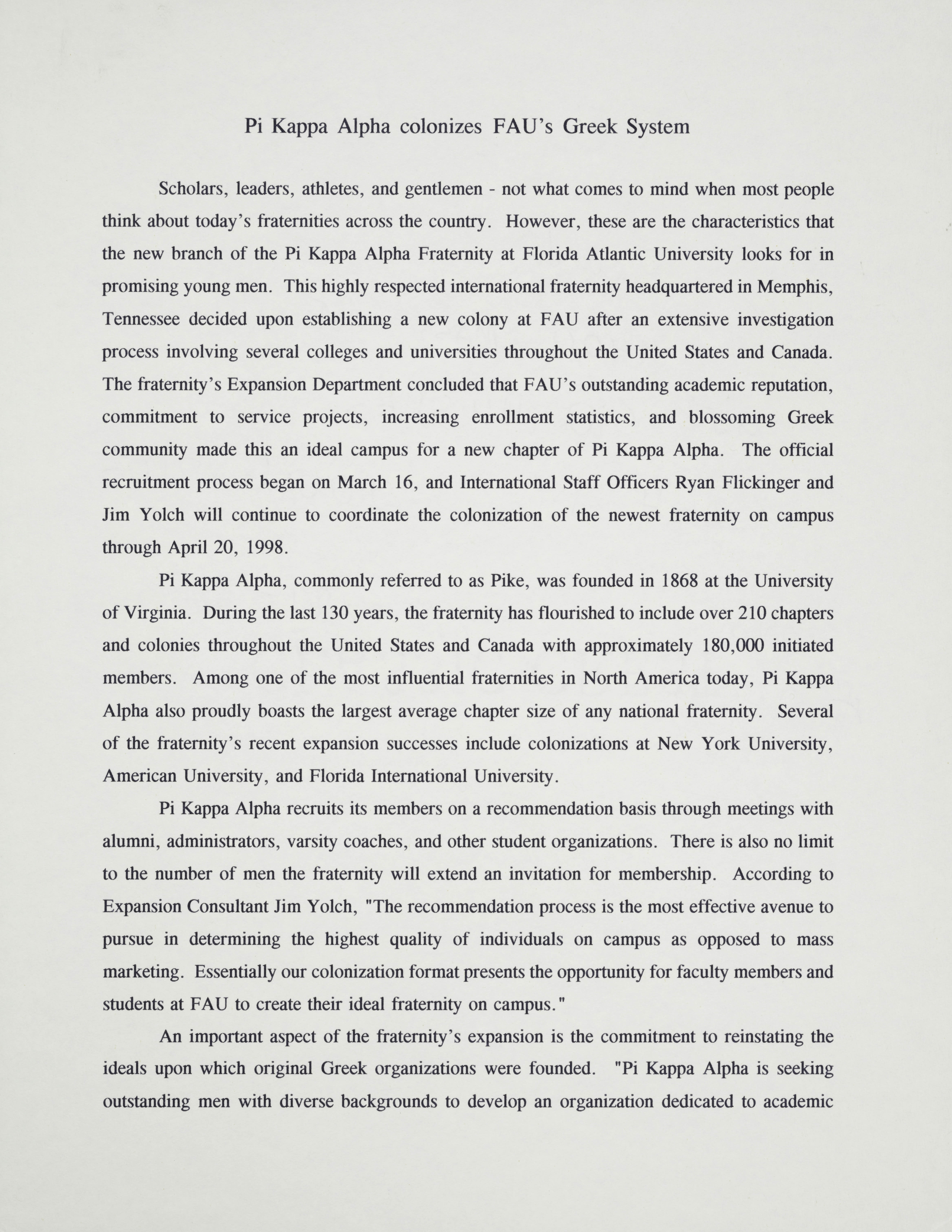 Pi Kappa Alpha Colonizes FAU's Greek System, c. 1990s