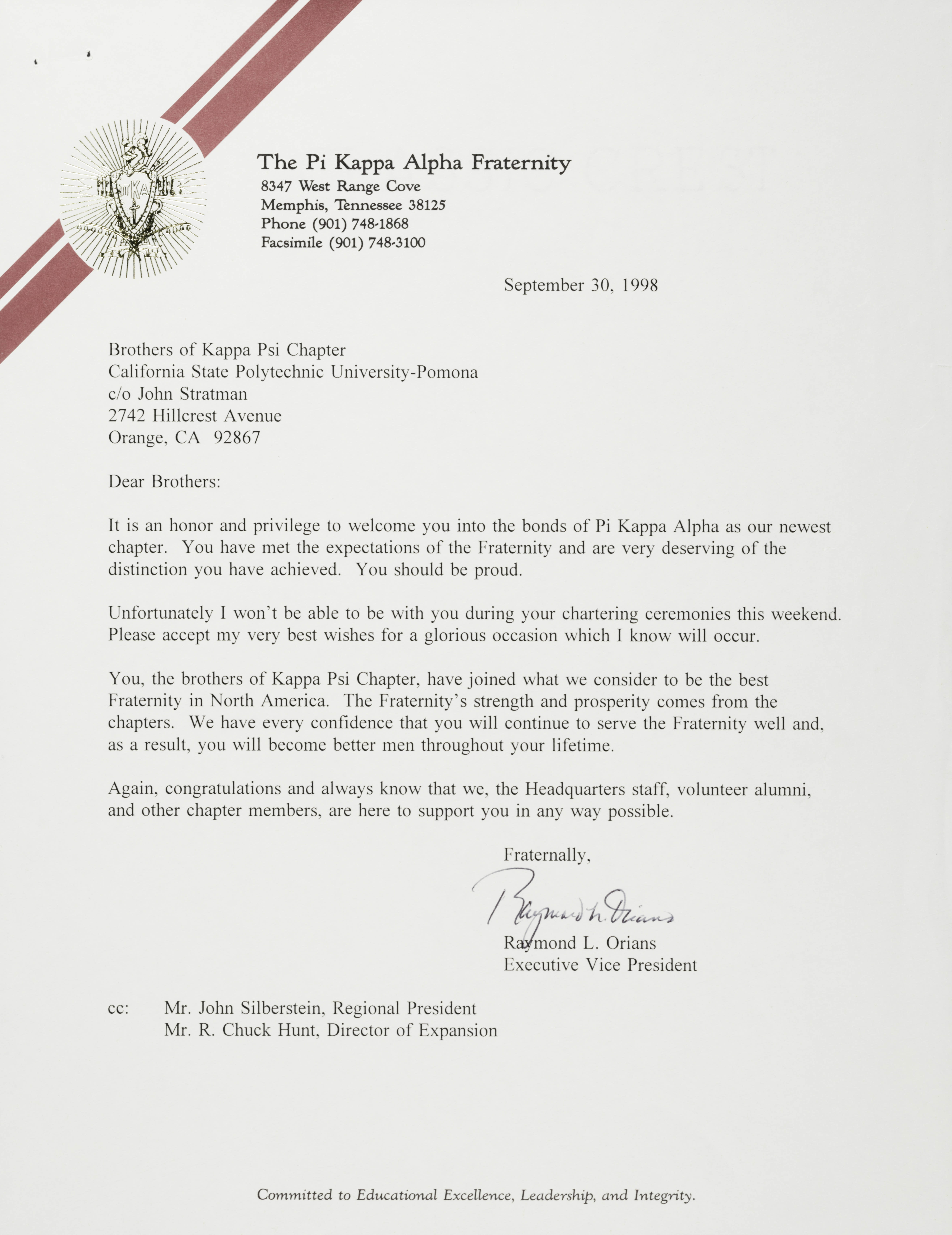 Raymond Orians to Kappa Psi Chapter Letter, September 30, 1998