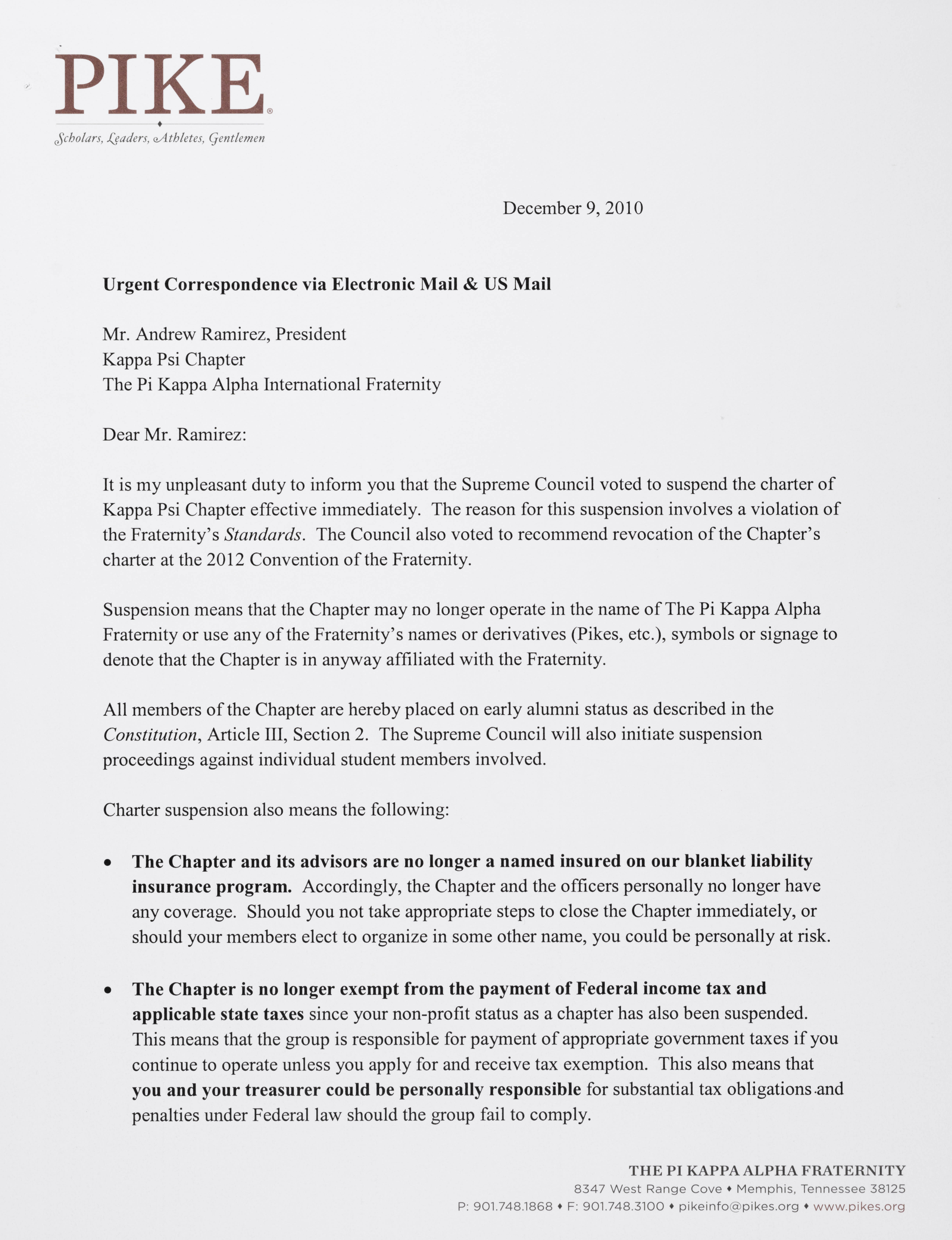 Justin Buck to Andrew Ramirez Letter, December 9, 2010