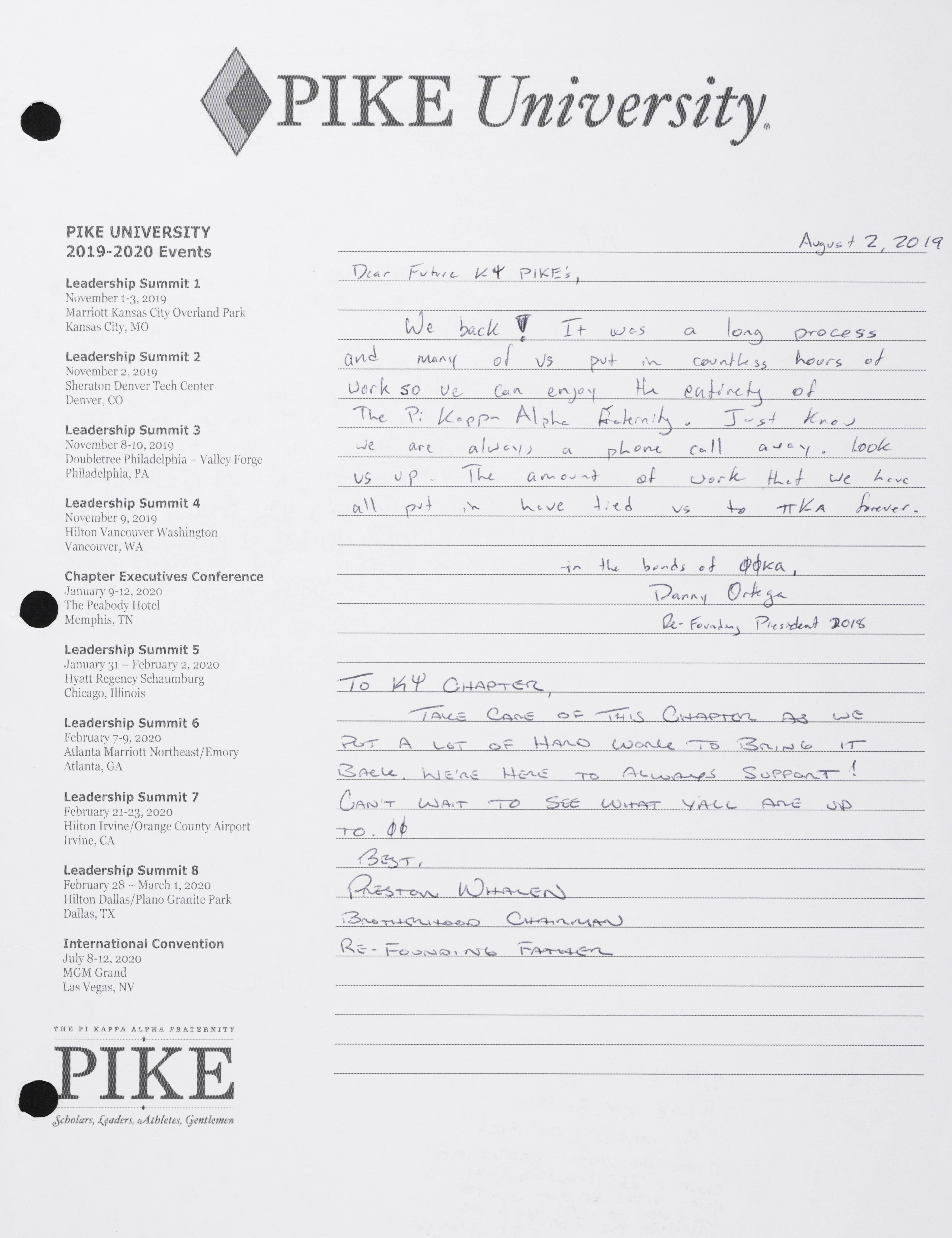 Dear Future Kappa Psi Pikes Letter, August 2, 2019