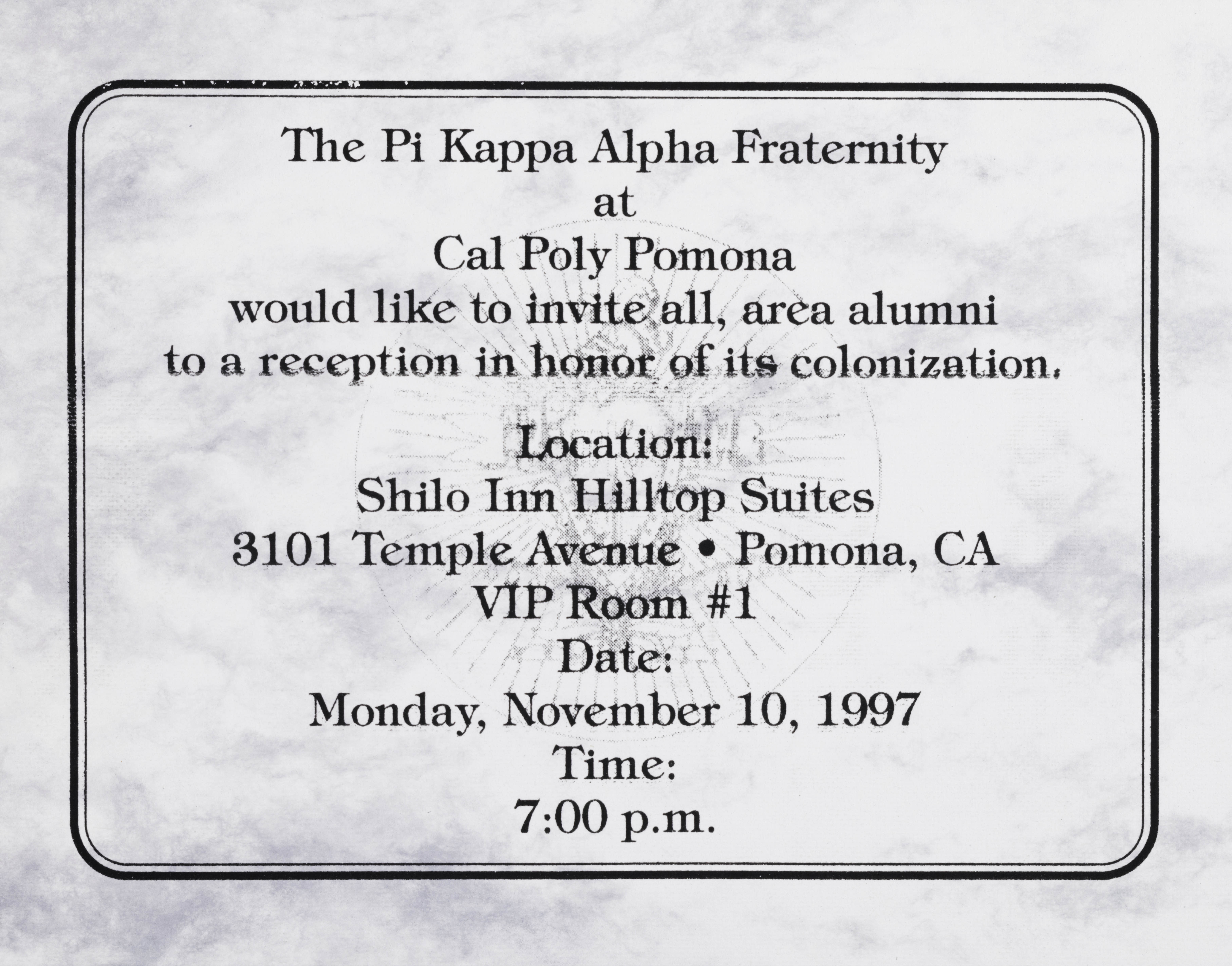 Cal Poly Pomona Colonization Reception Invitation, November 10, 1997