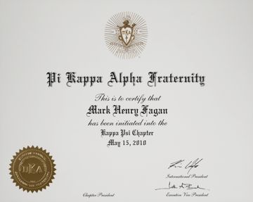 Mark Fagan Initiation Certificate, May 15, 2010