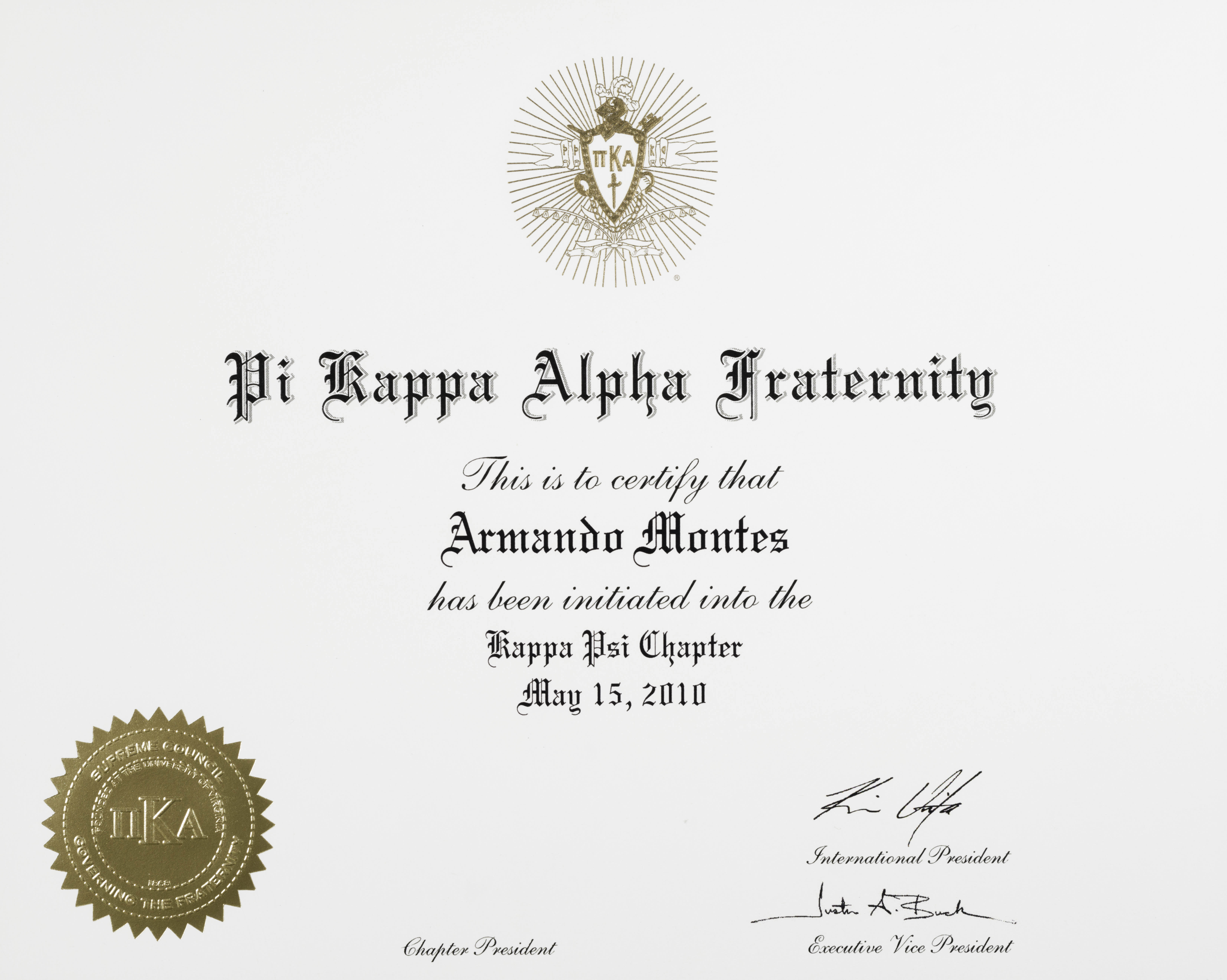 Armando Montes Initiation Certificate, May 15, 2010