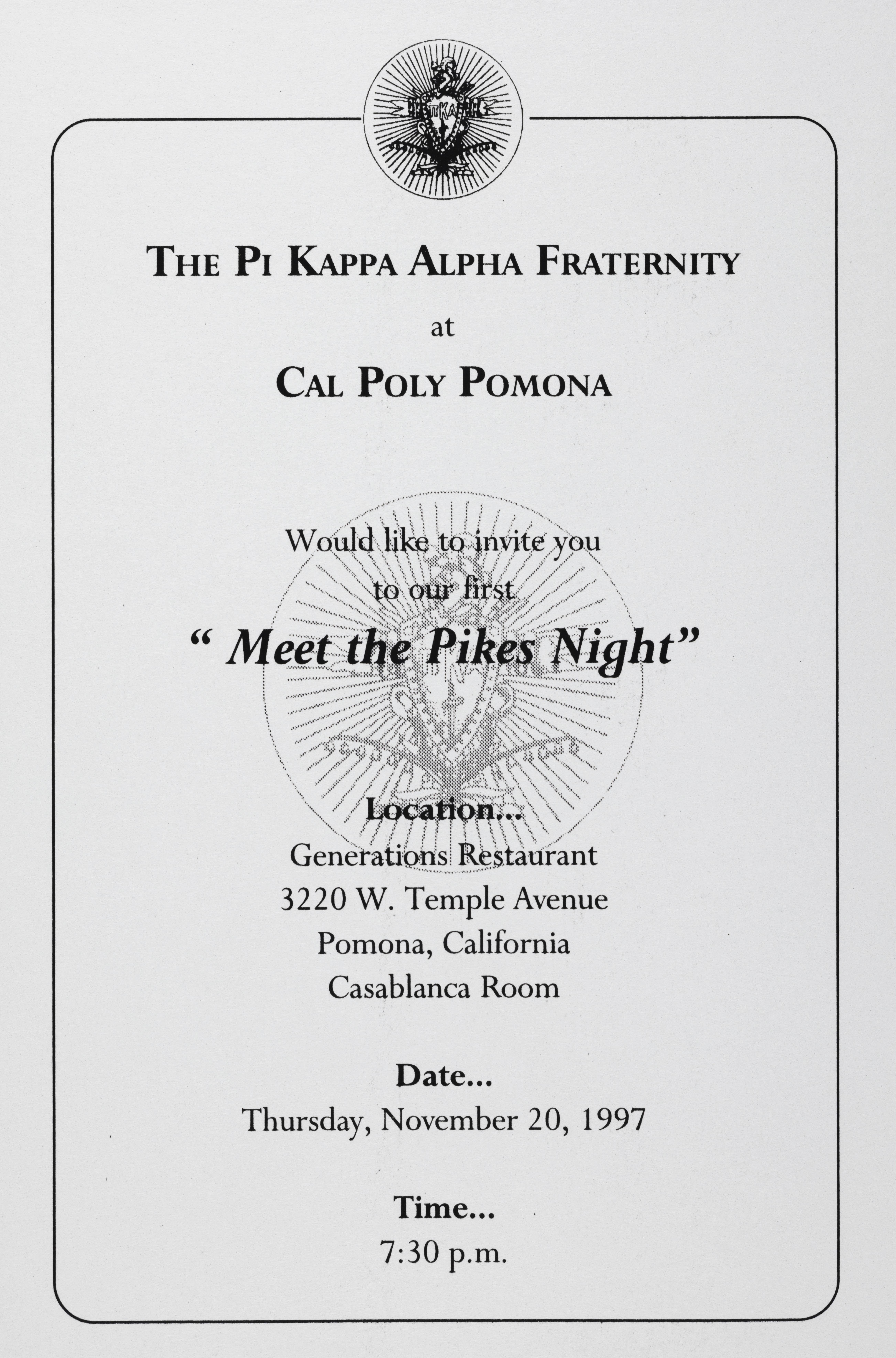 Cal Poly Pomona "Meet The Pikes Night" Invitation, November 20, 1997
