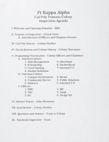 Pi Kappa Alpha Cal Poly Pomona Colony Inspection Agenda, c. 1997