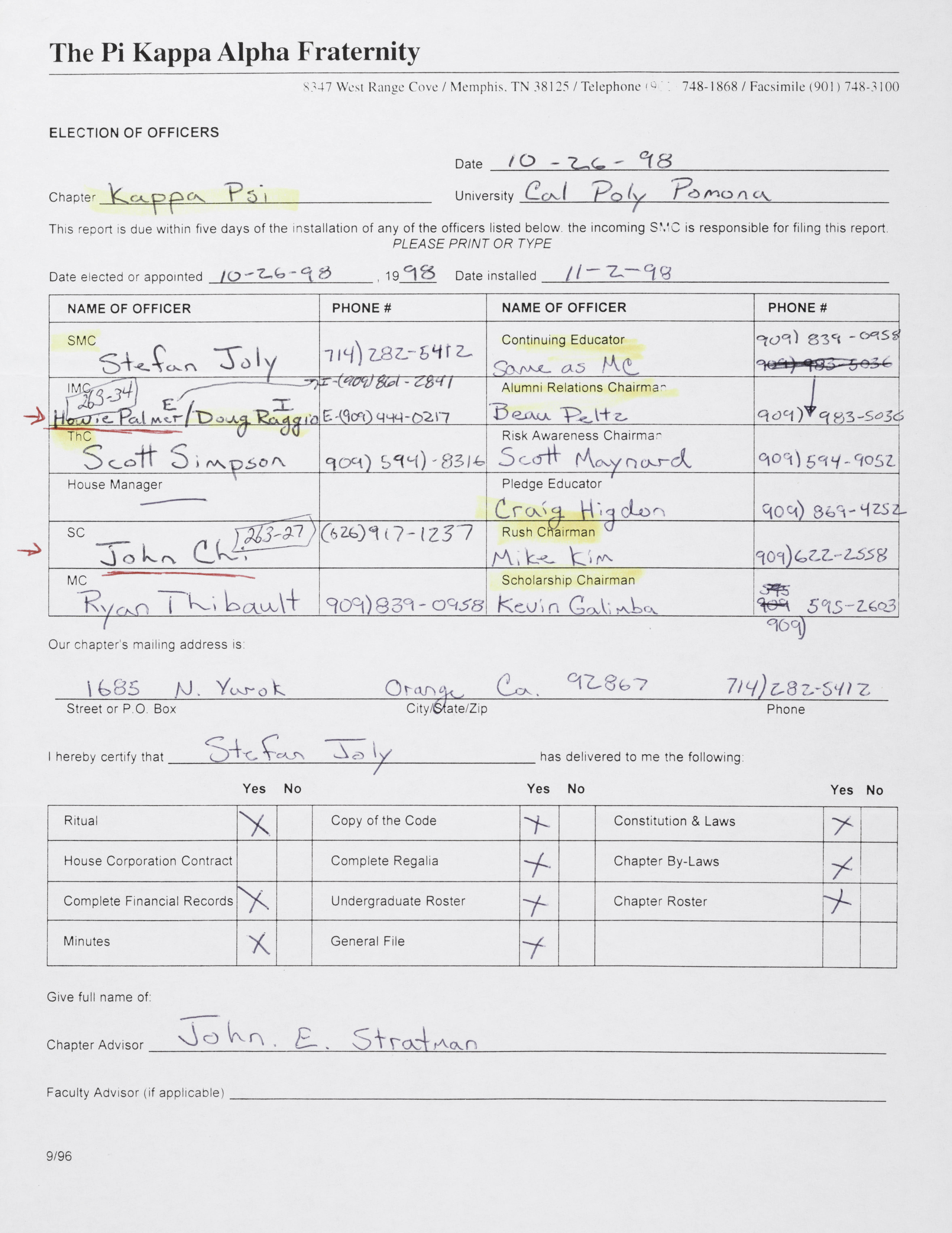 Election of Officers Report, October 26, 1998