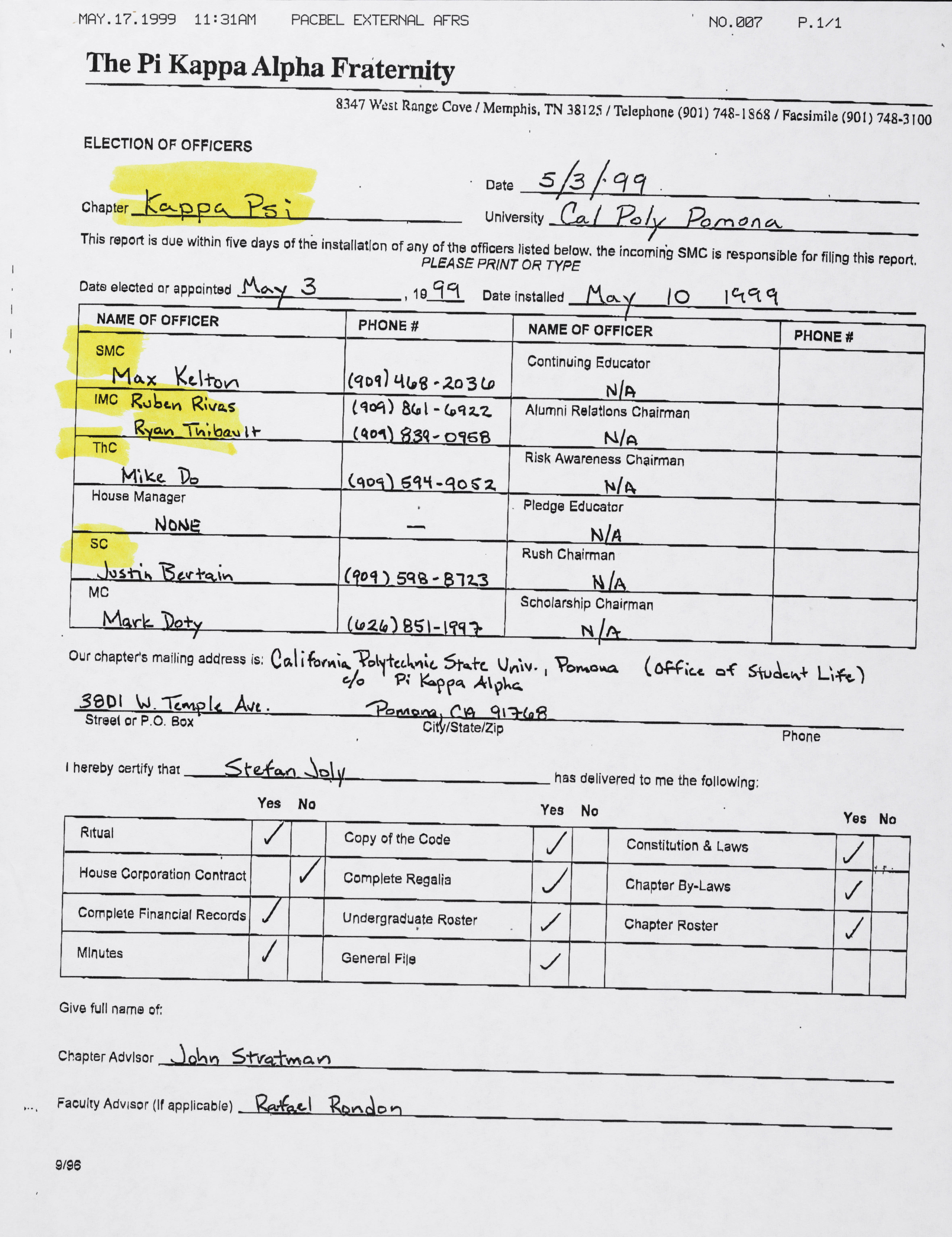 Election of Officers Report, May 3, 1999