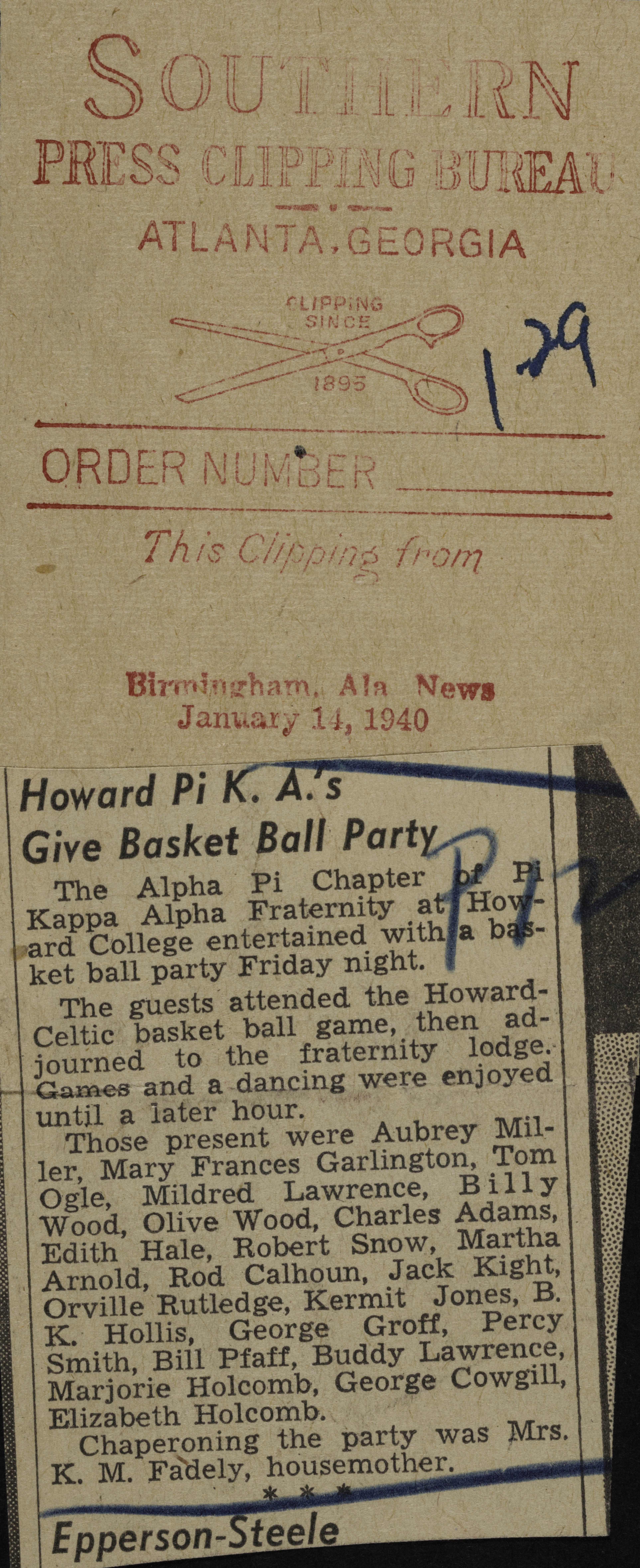 Howard Pi K. A.'s Give Basketball Party Newspaper Clipping, January 14, 1940