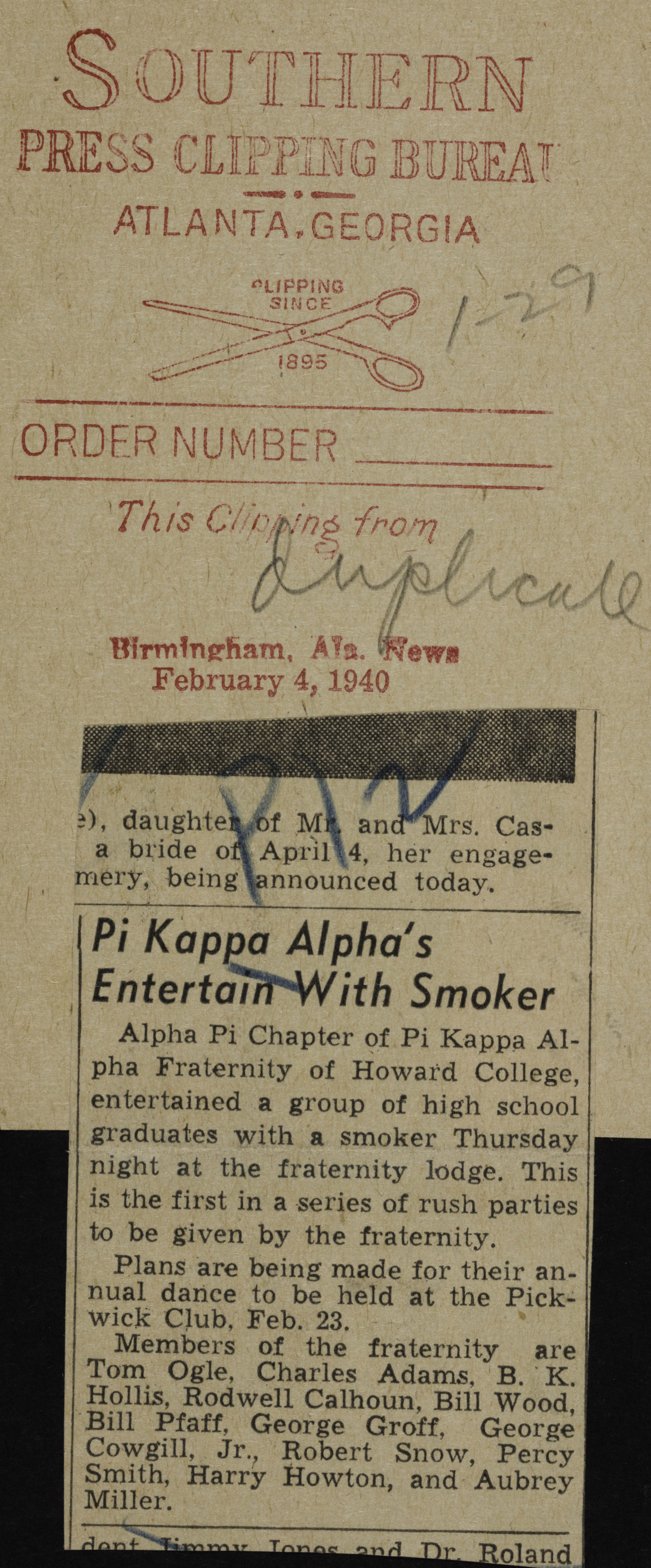 Pi Kappa Alpha's Entertain With Smoker Newspaper Clipping, February 4, 1940