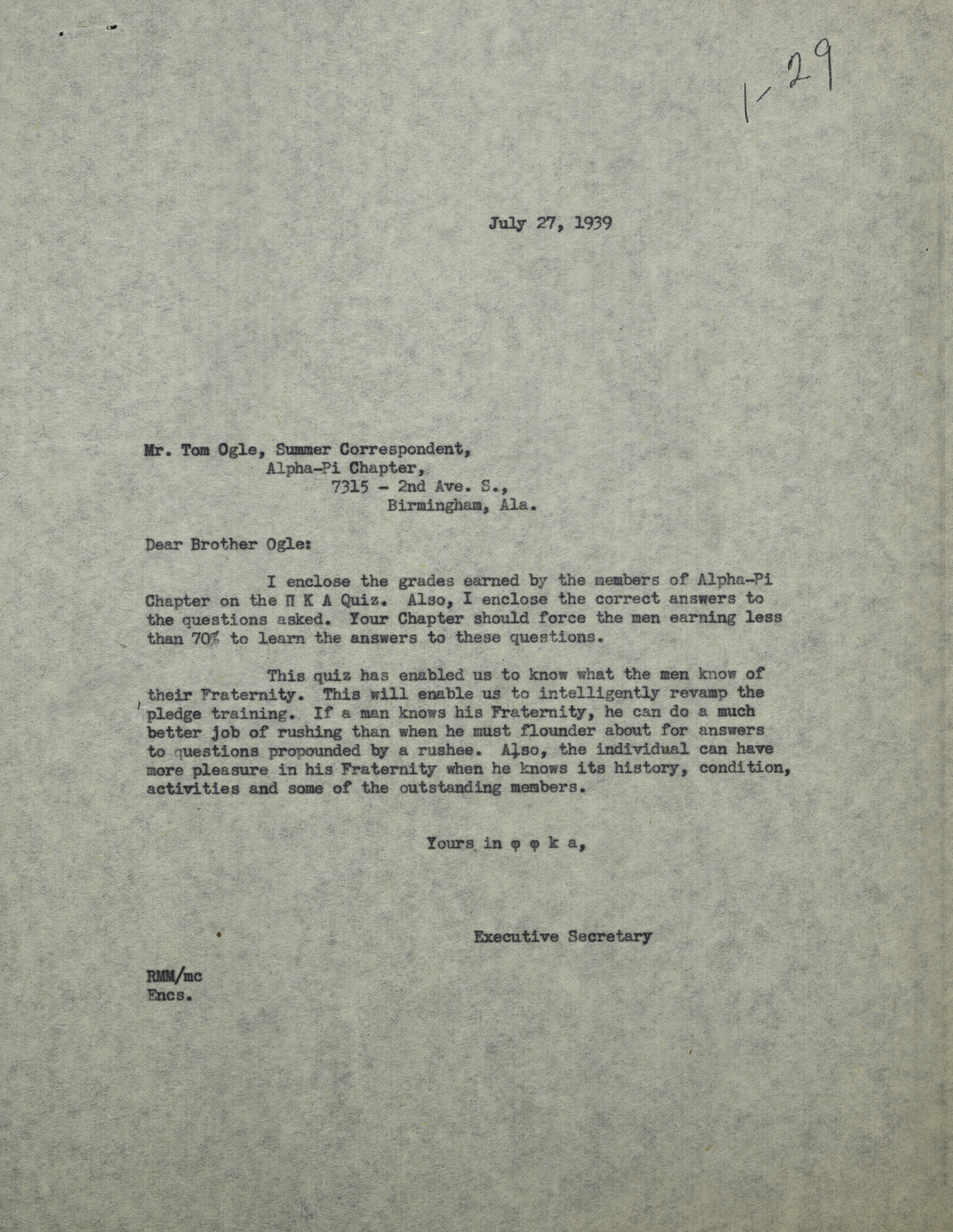 Executive Secretary to Tom Ogle Letter, July 27, 1939
