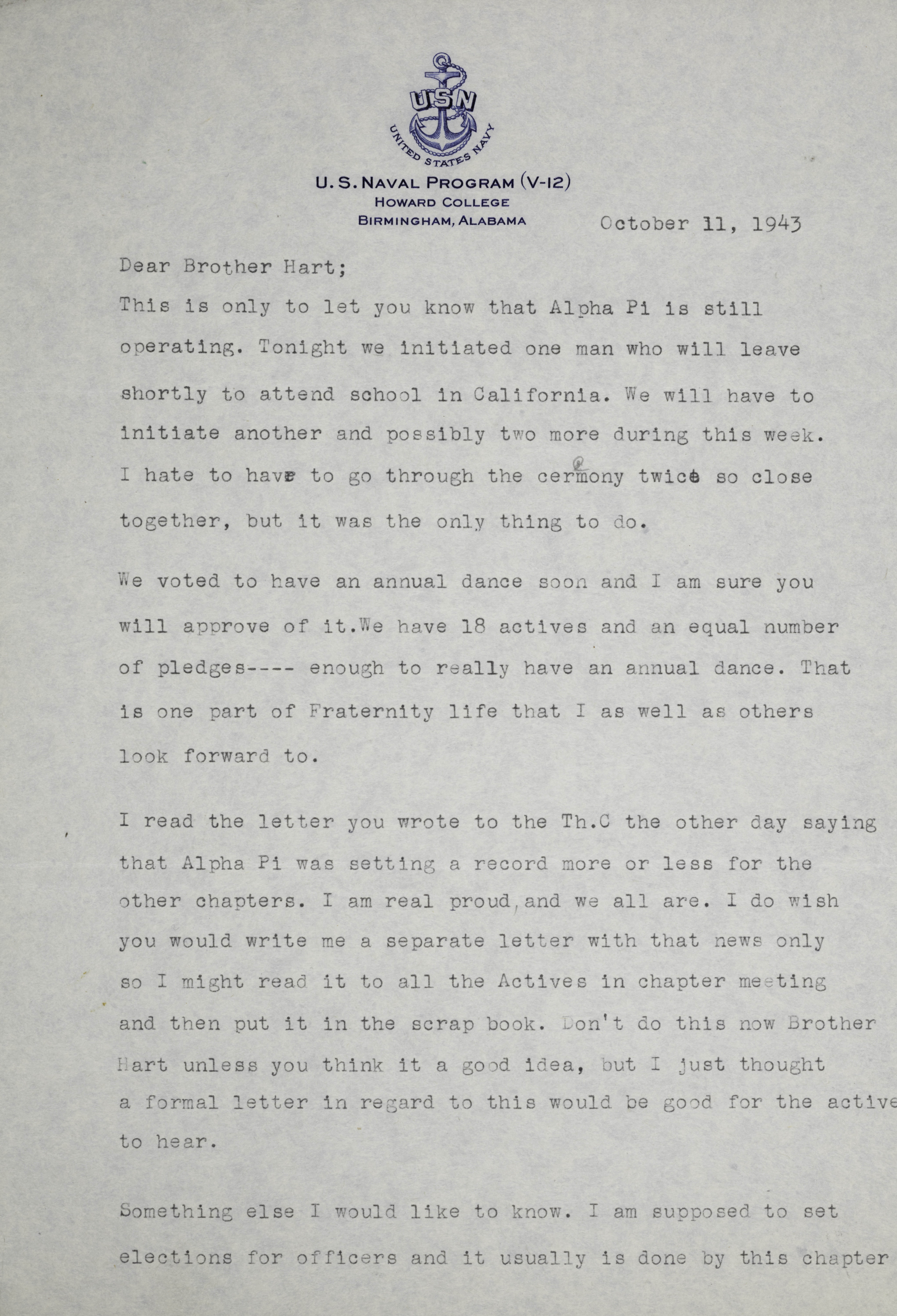 Winfred Brown to Brother Hart Letter, October 11, 1943