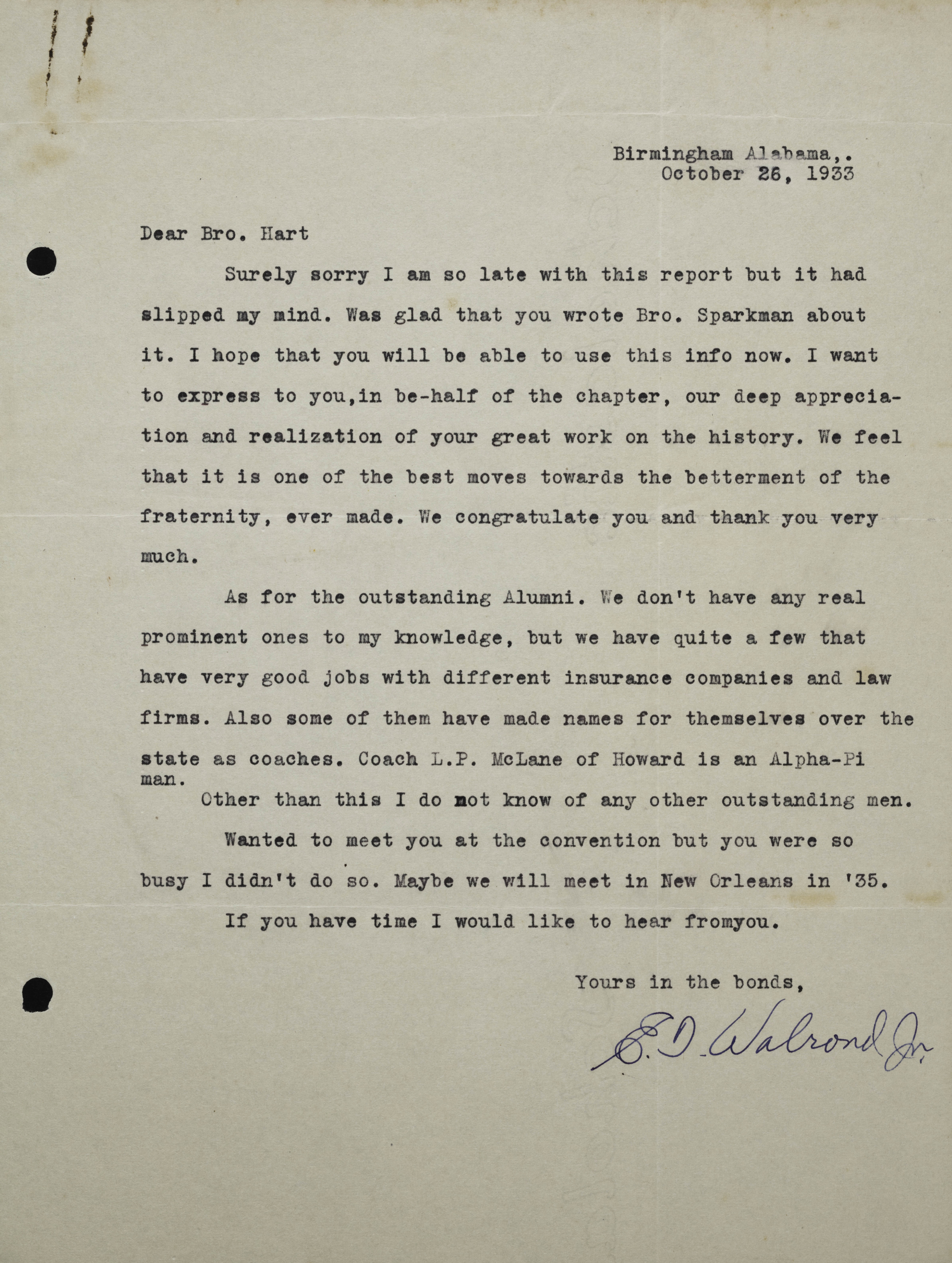 E. T. Walrond to Brother Hart Letter, October 26, 1933