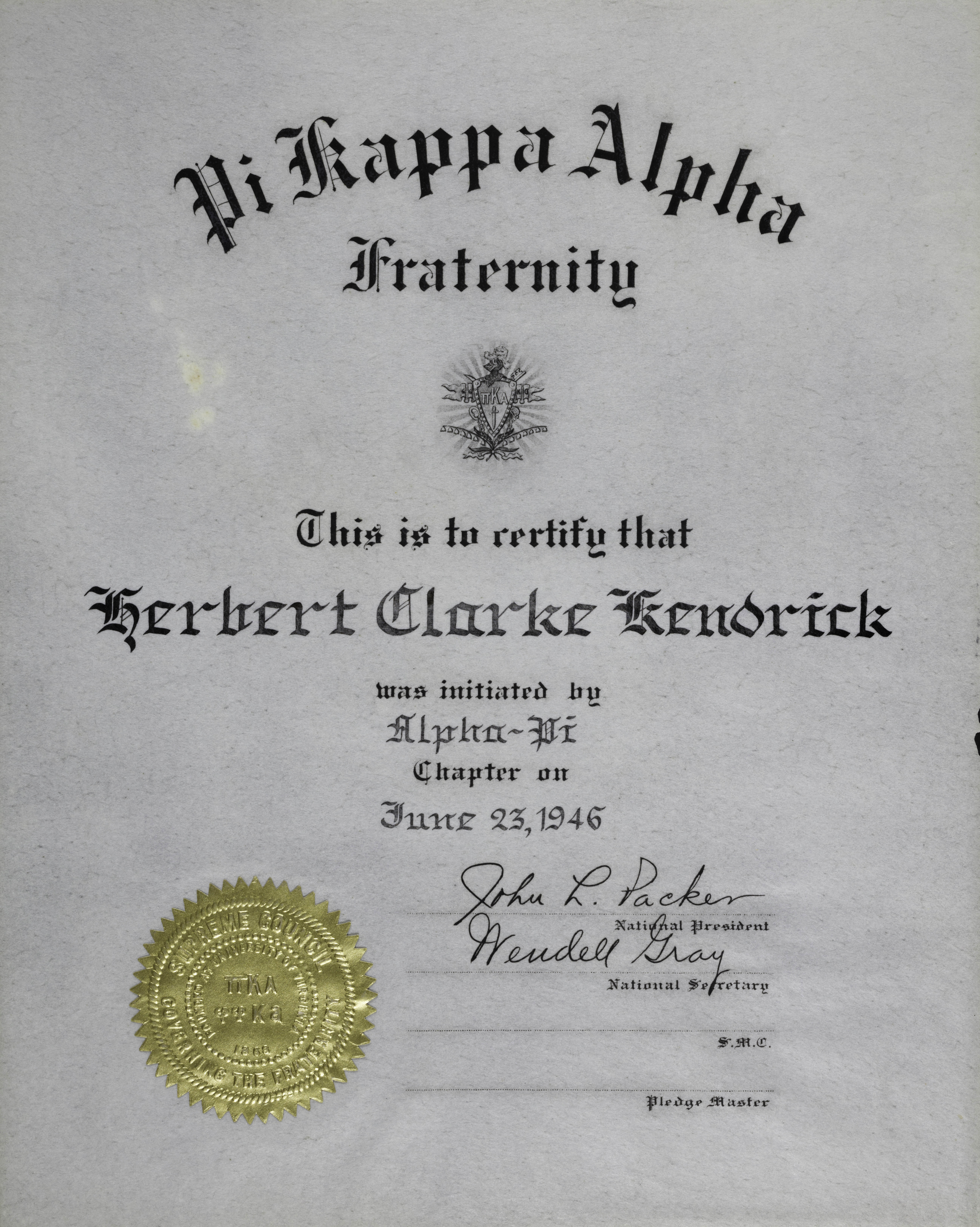 Kerbert Clarke Kendrick Initiation Certificate, June 23, 1946