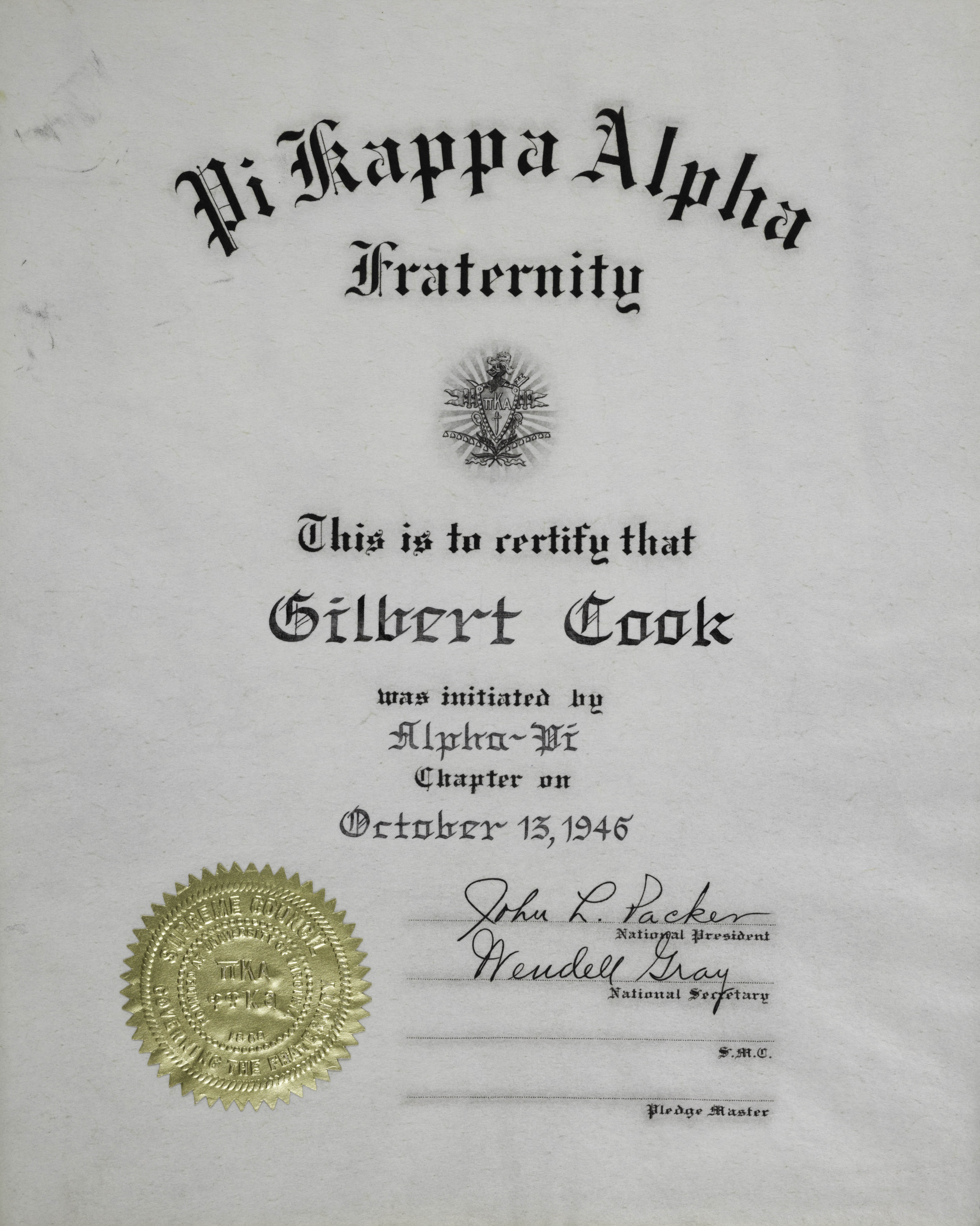 Gilbert Cook Initiation Certificate, October 13, 1946