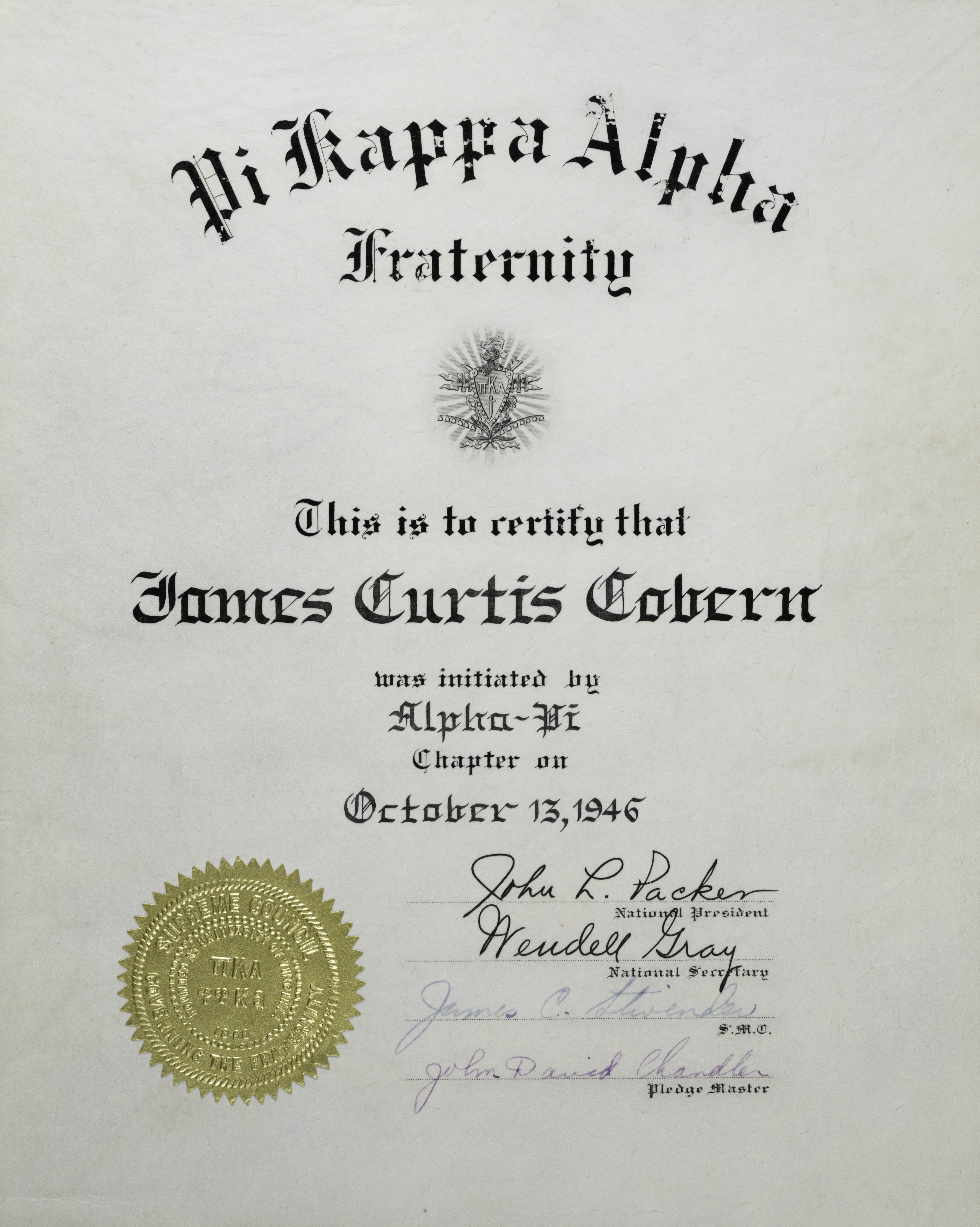 James Curtis Cobern Initiation Certificate, October 13, 1946