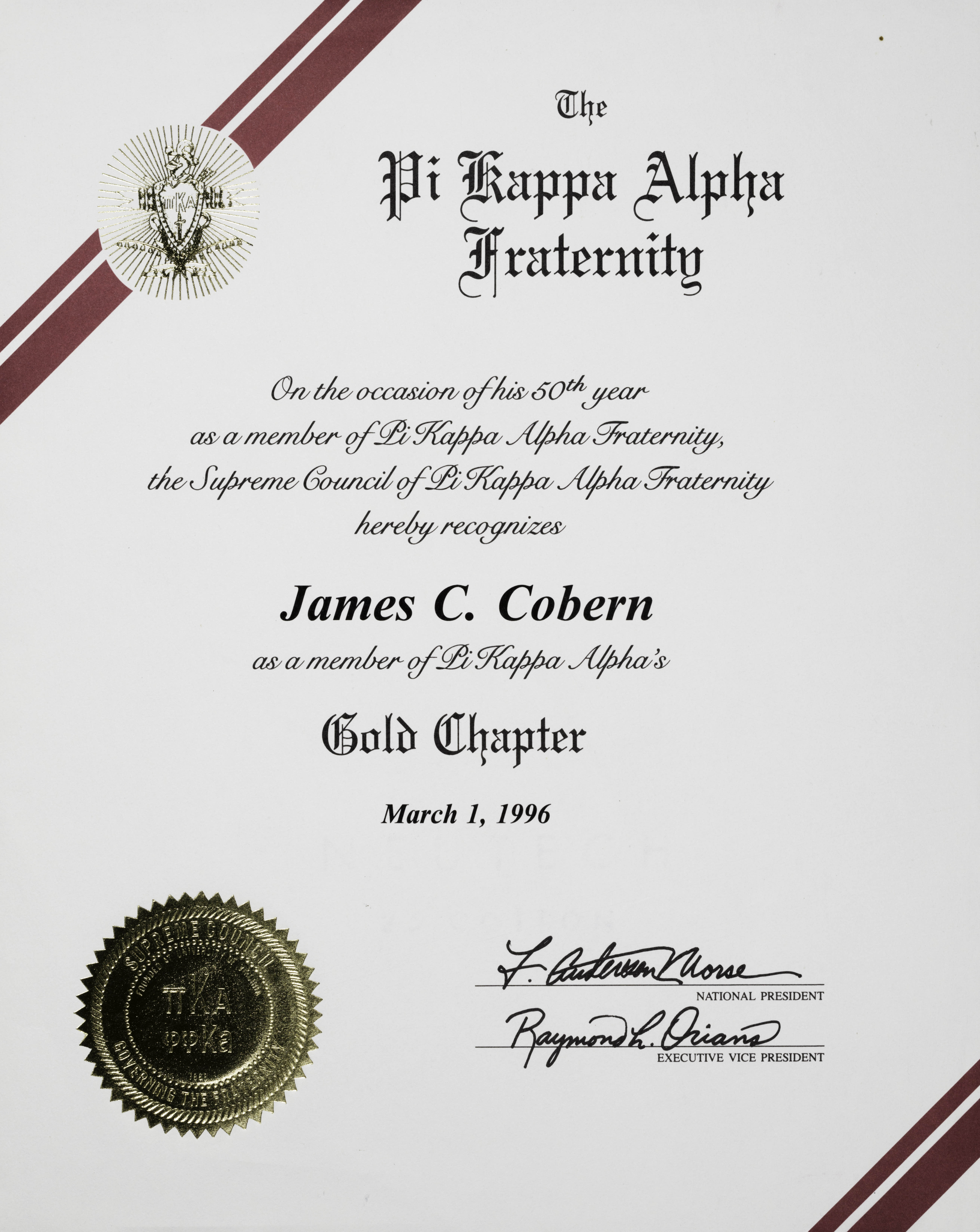 James C. Cobern Gold Chapter Certificate, March 1, 1996