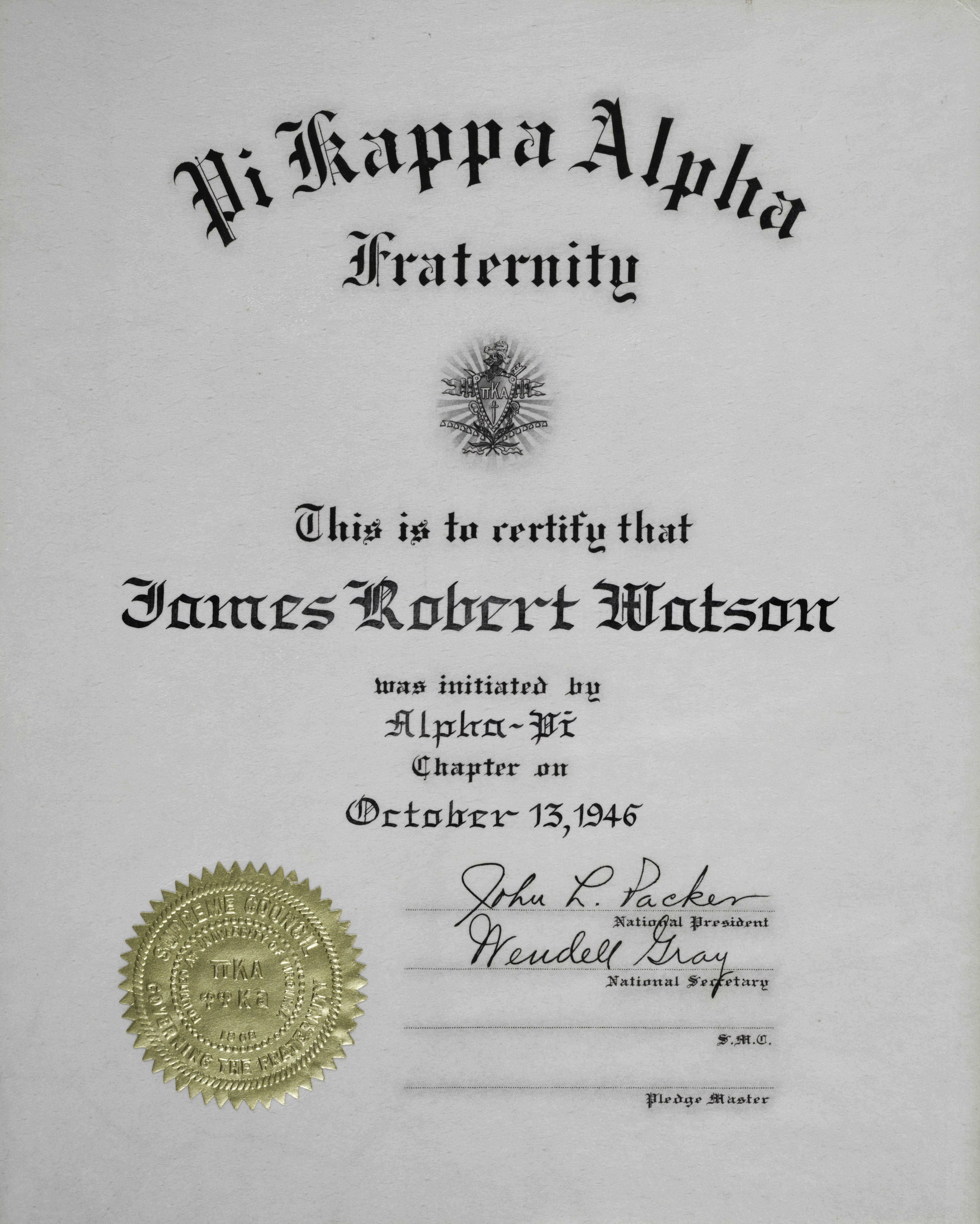 James Robert Watson Initiation Certificate, October 13, 1946