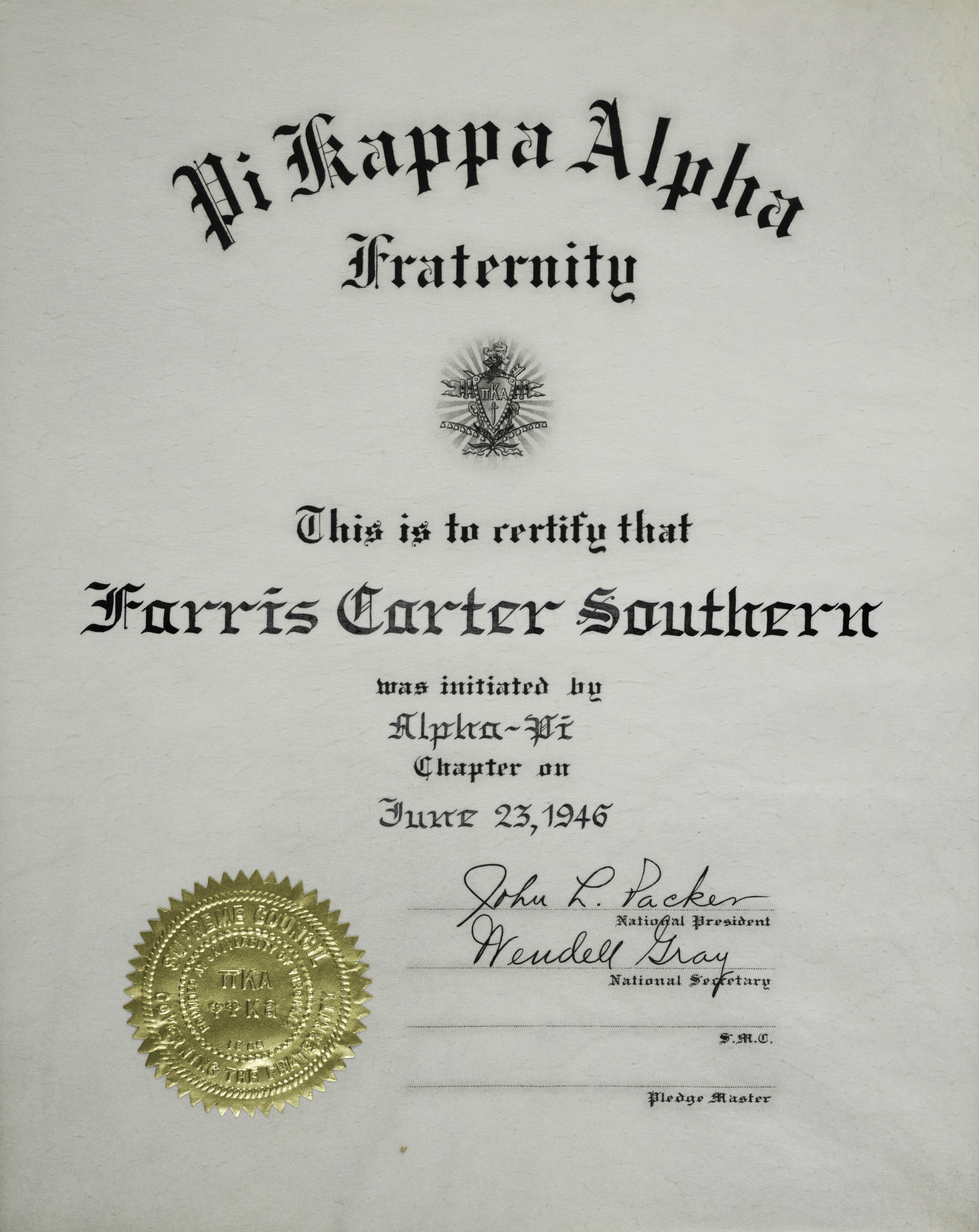 Farris Carter Southern Initiation Certificate, June 23, 1946