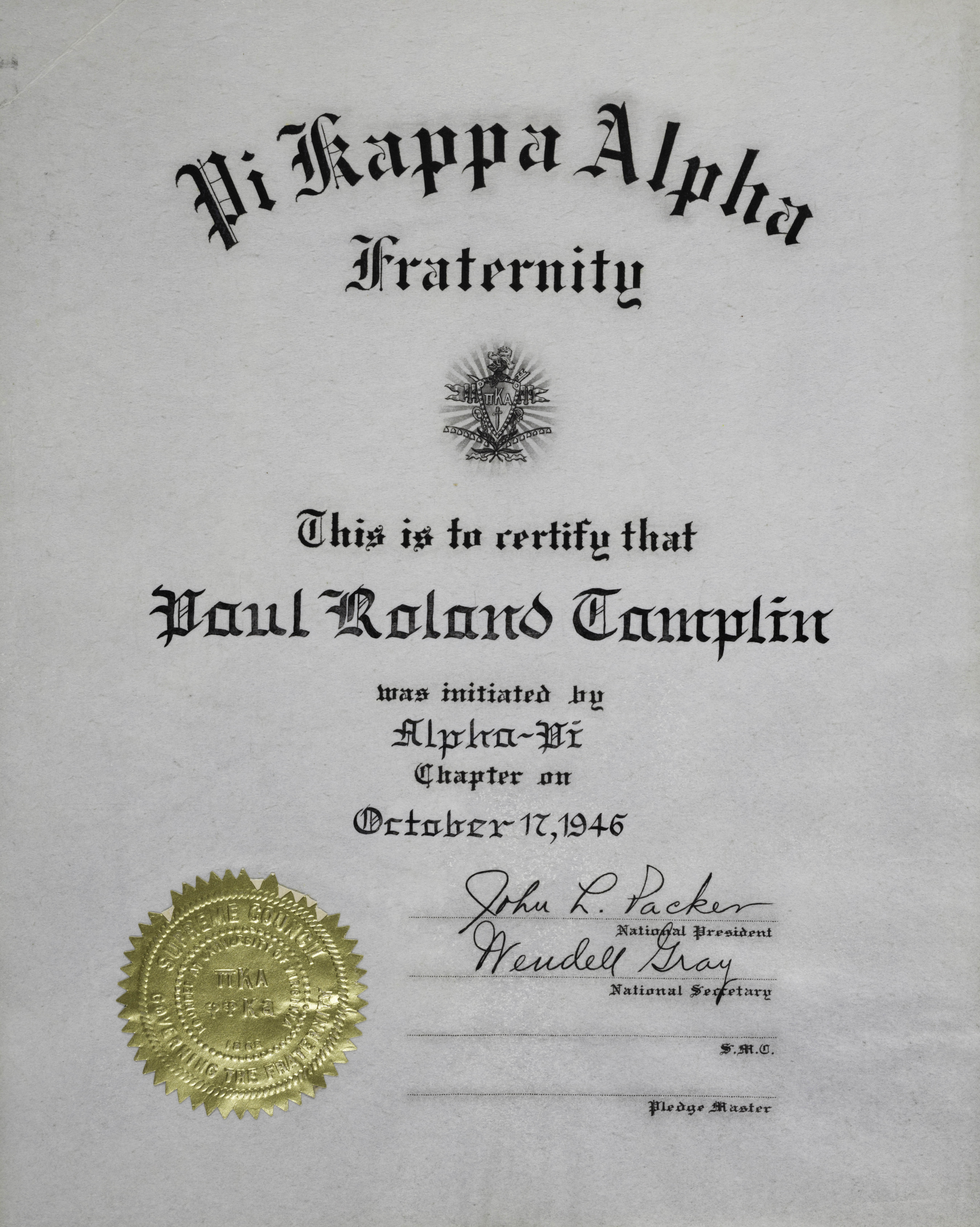 Paul Roland Camplin Initiation Certificate, October 17, 1946