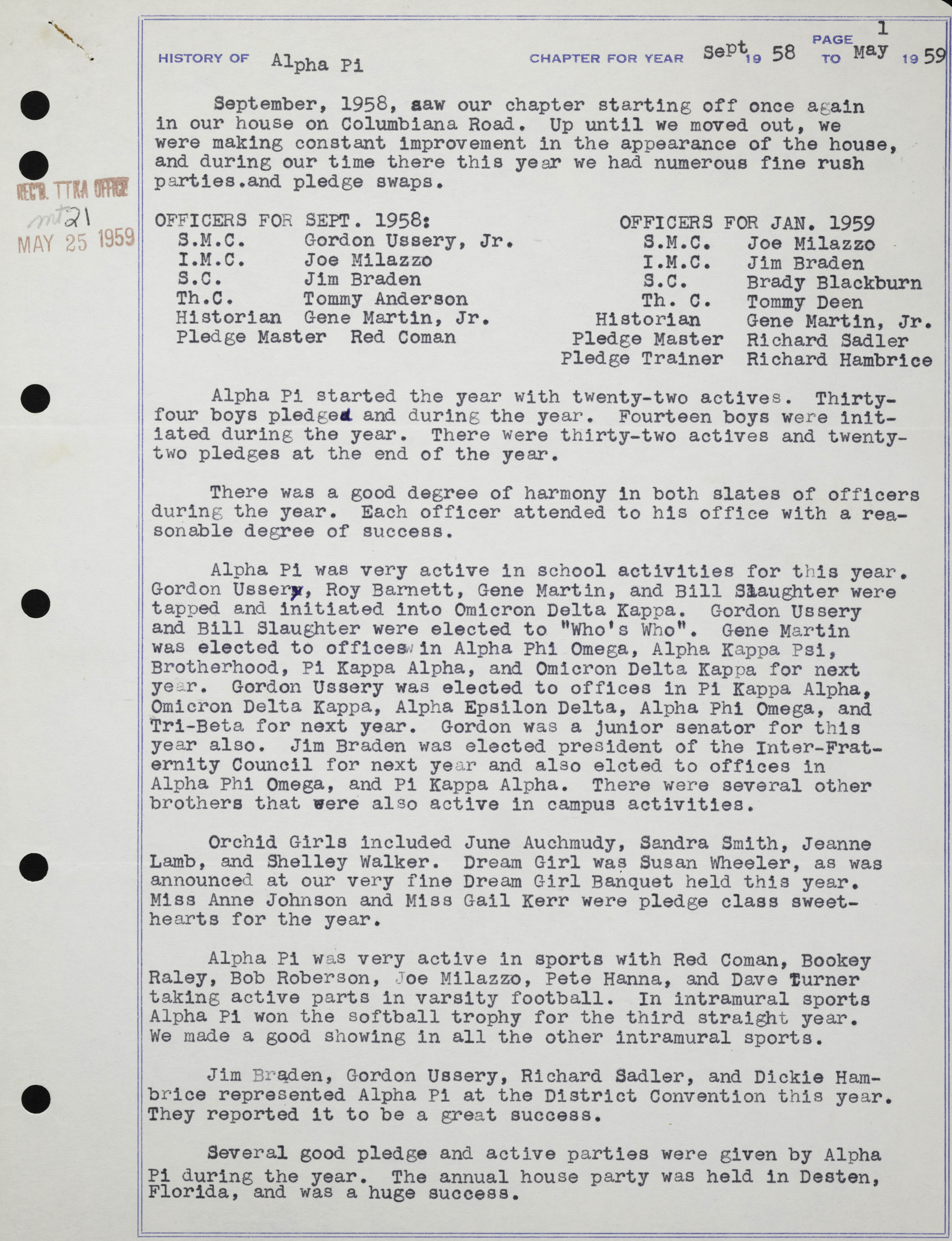 History of Alpha Pi Chapter, September 1958-May 1959