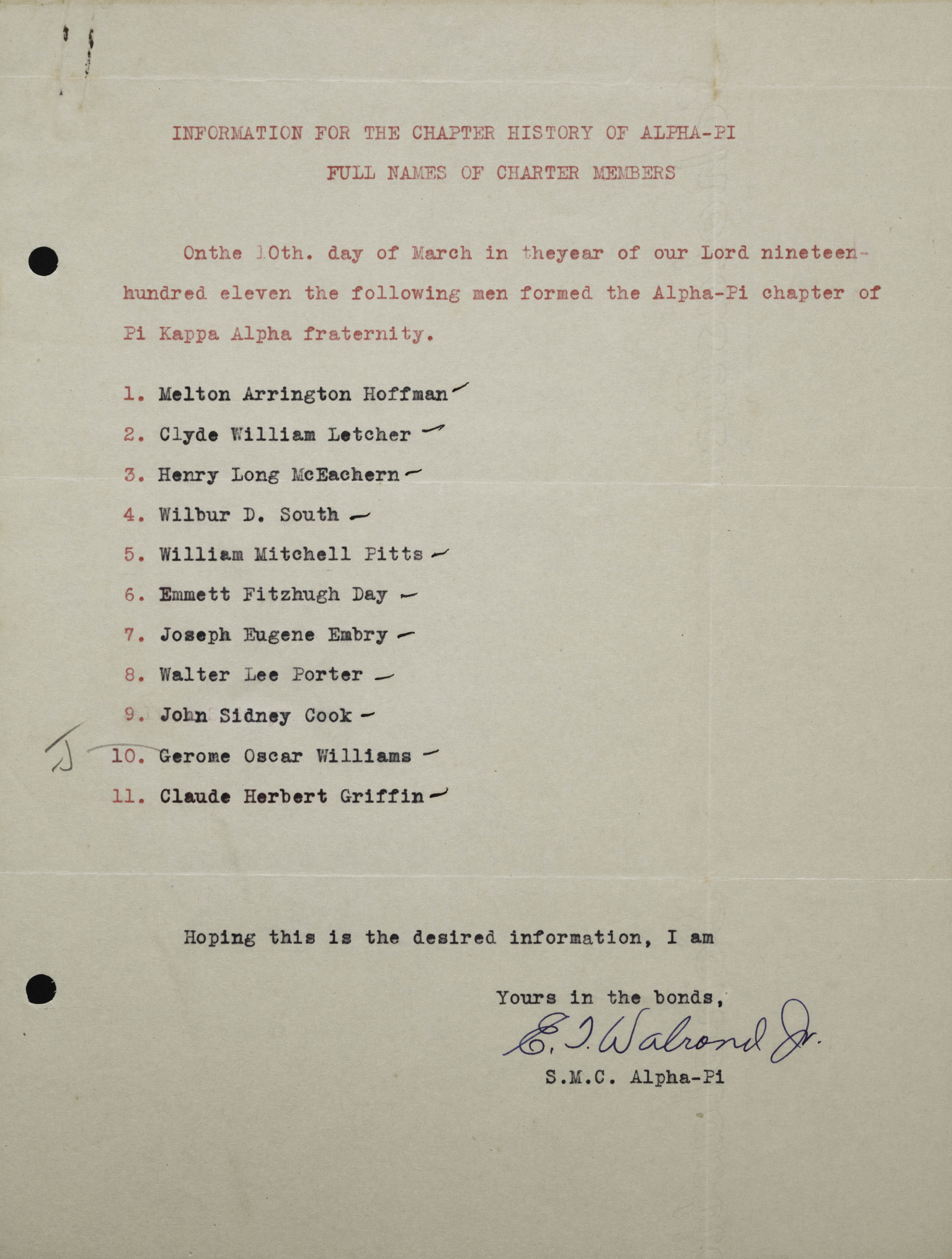 Information for the Chapter History of Alpha Pi: Full Names of Charter Members, 1933