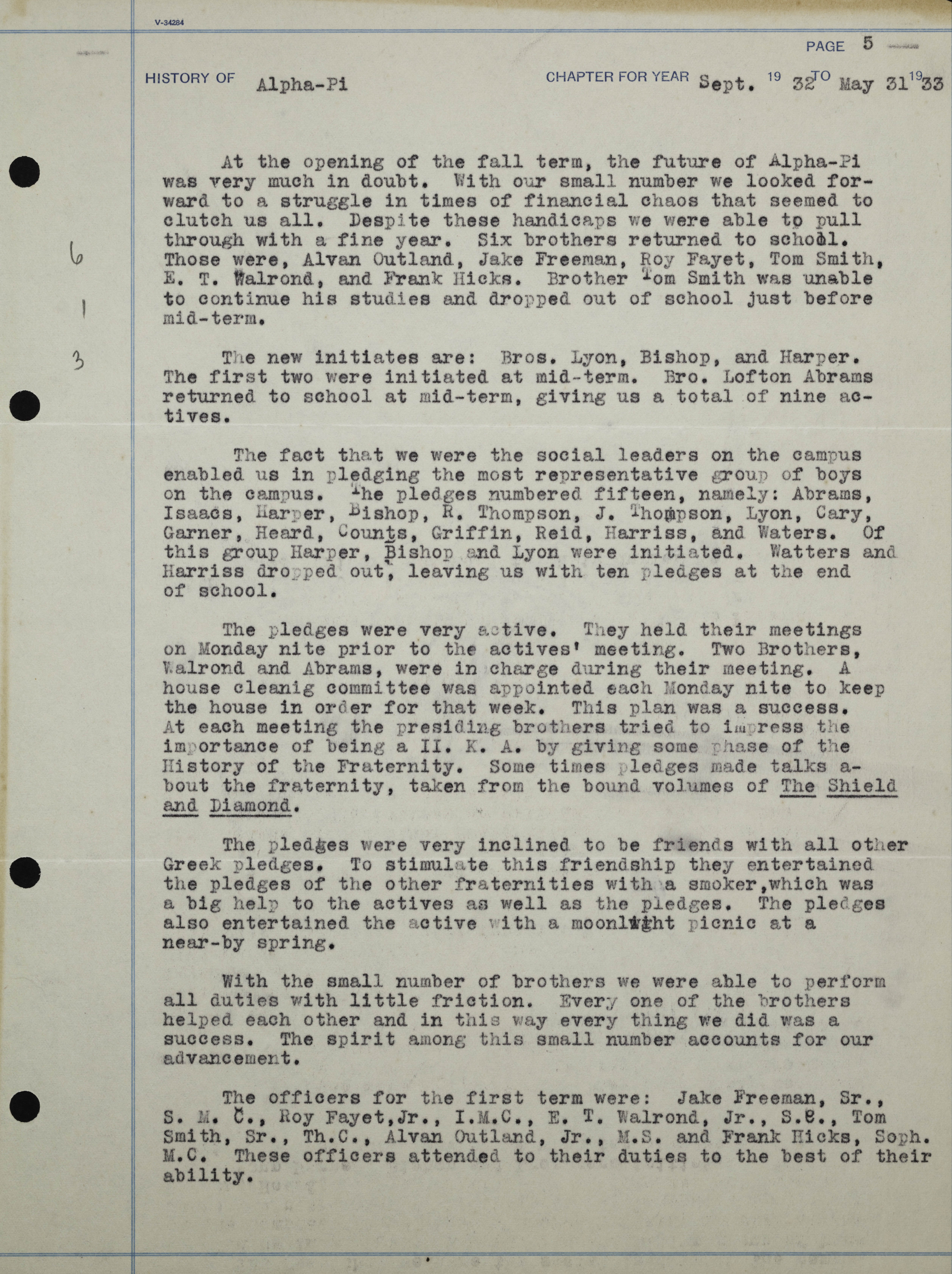 History of Alpha Pi Chapter, September 1932-May 1933