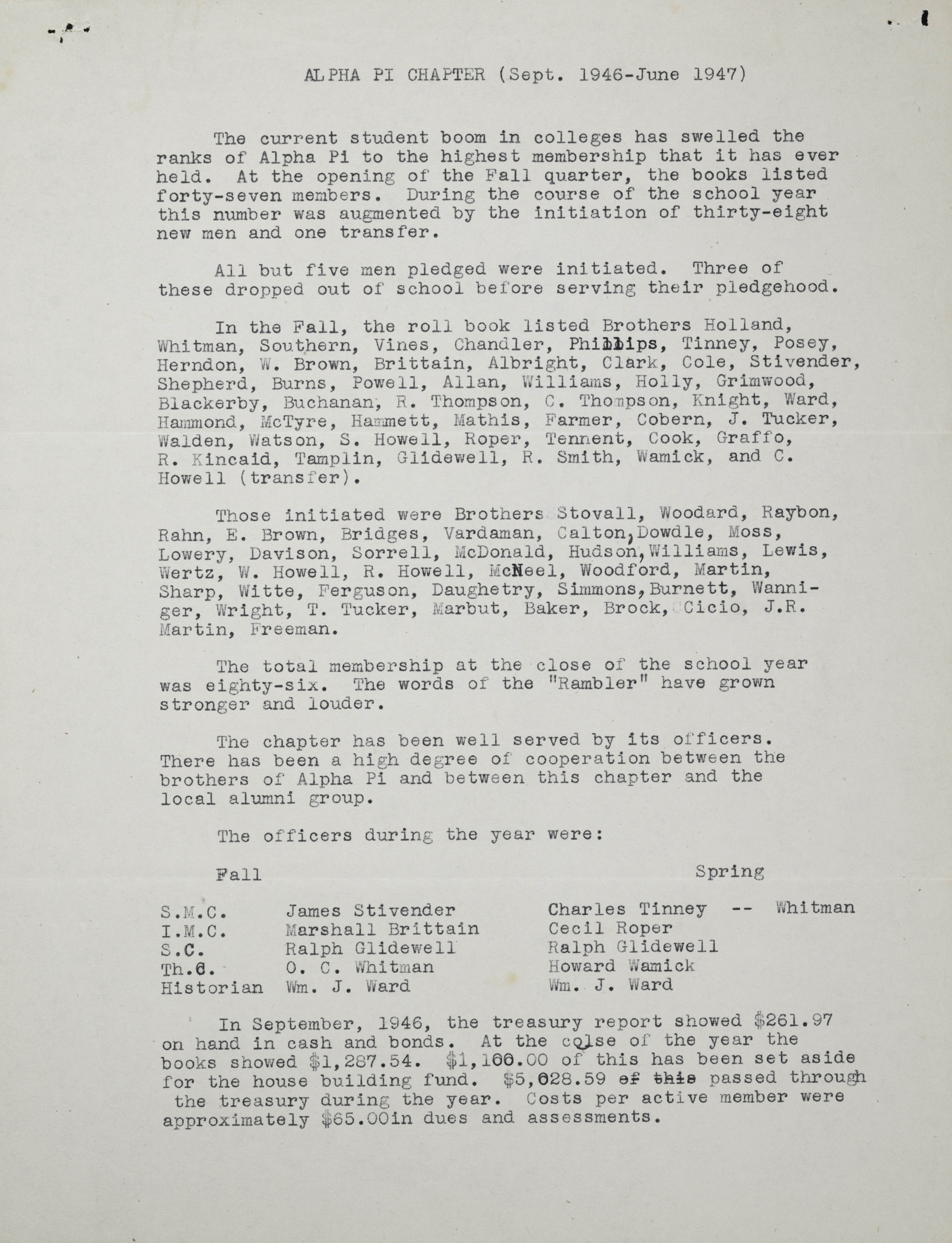 Alpha Pi Chapter, September 1946-June 1947