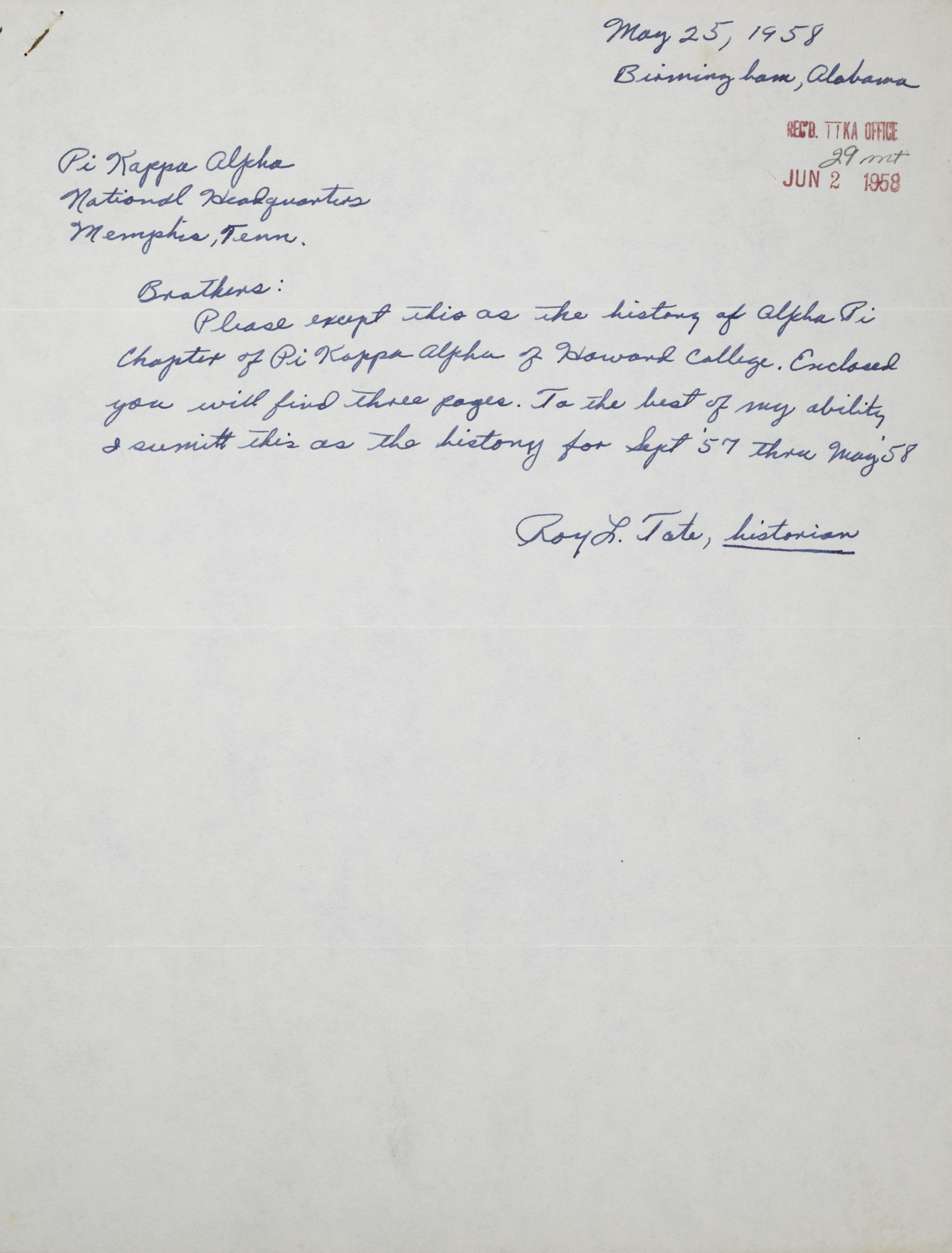 History of Alpha Pi Chapter, May 25, 1958