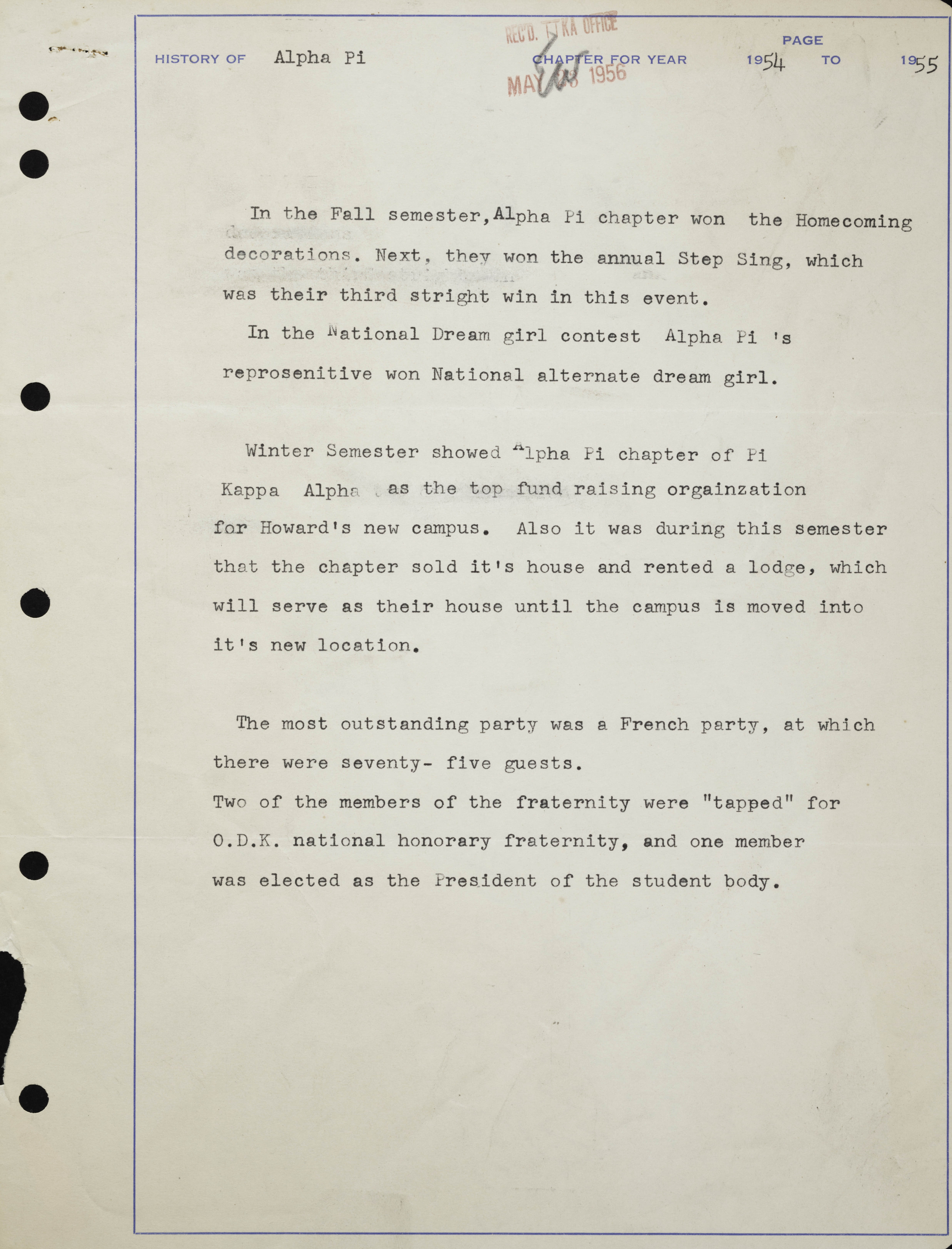 History of Alpha Pi Chapter, 1954-1955