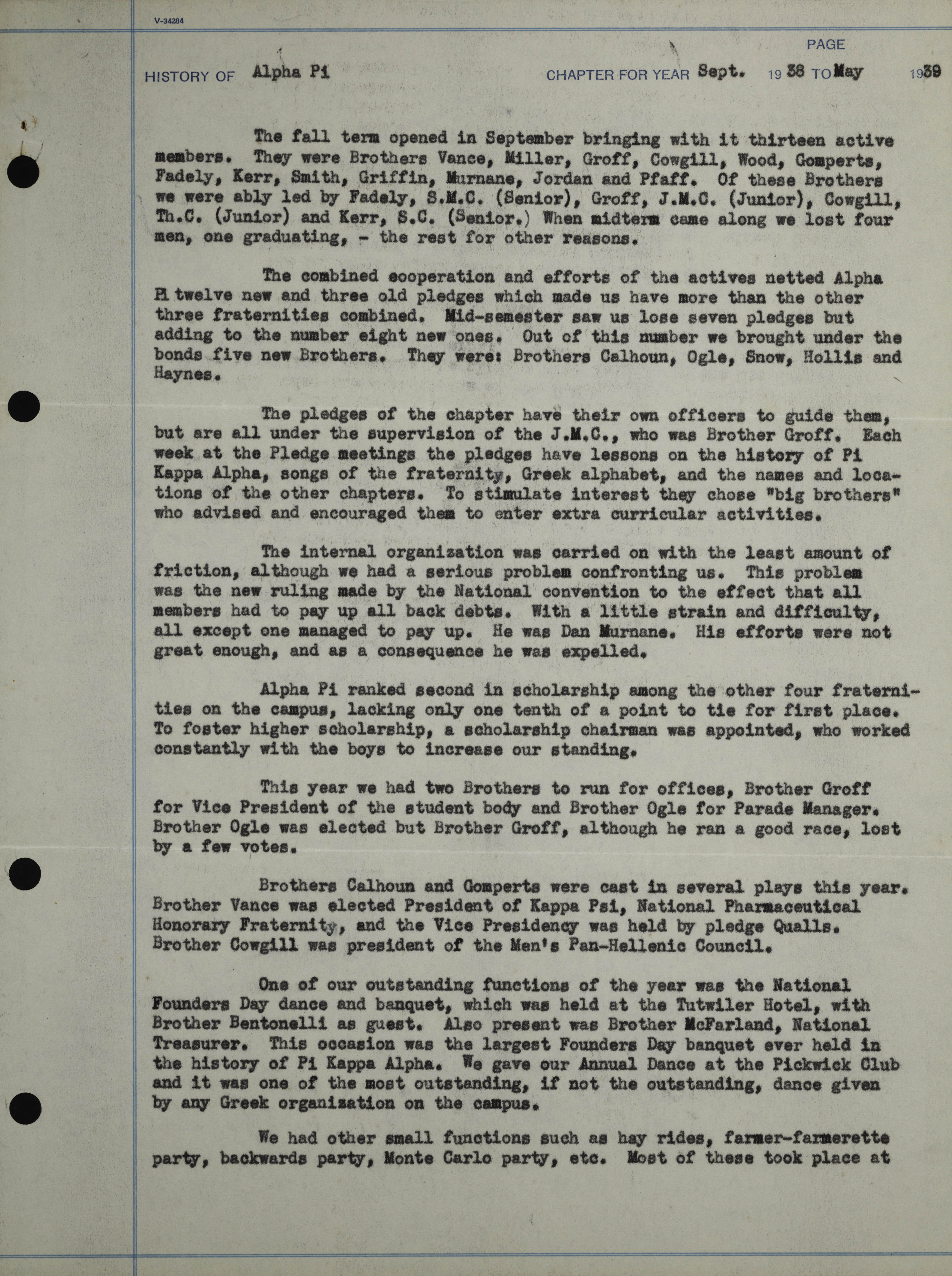 History of Alpha Pi Chapter, September 1938- May 1939