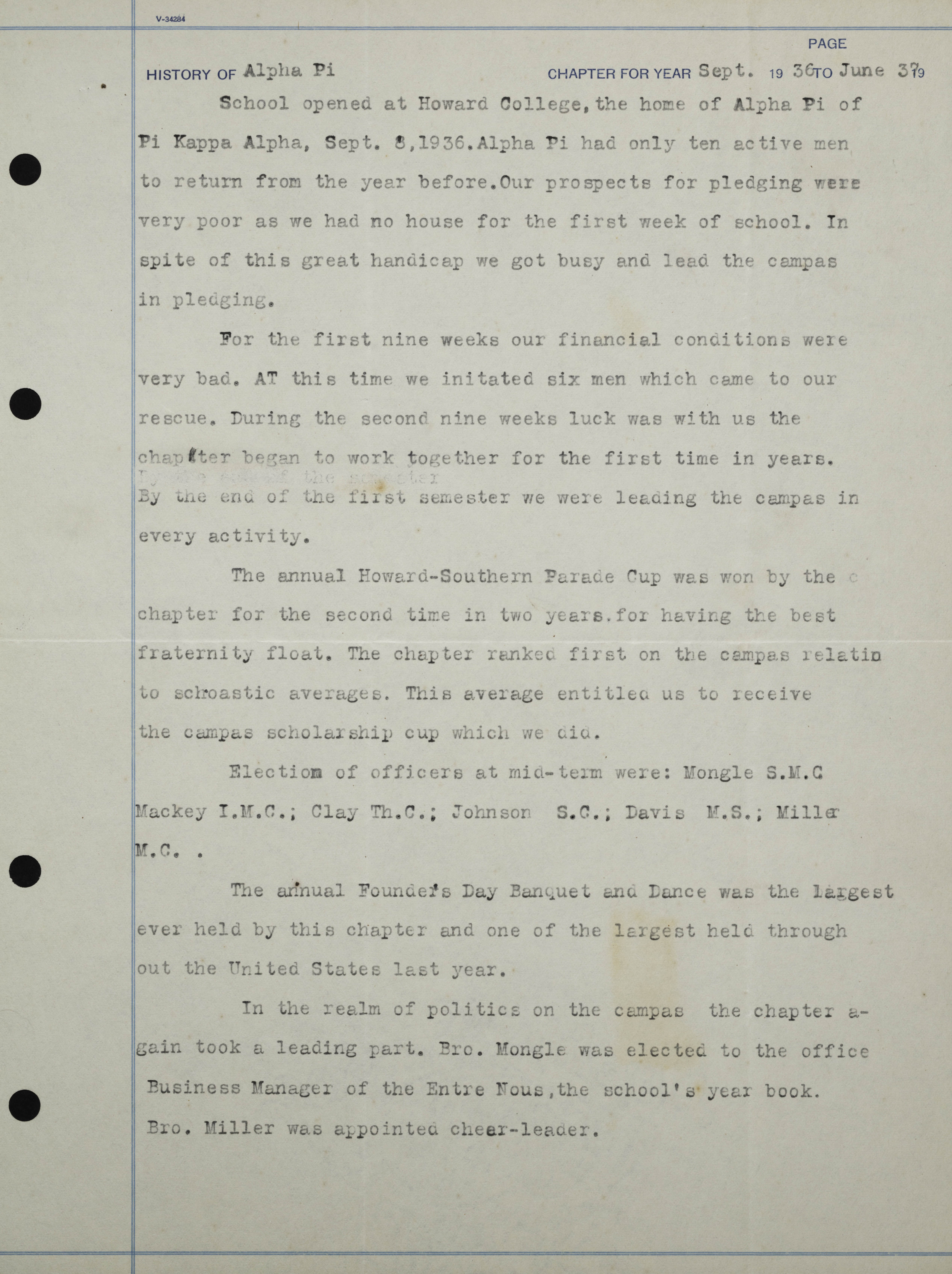 History of Alpha Pi Chapter, September 1936-June 1937