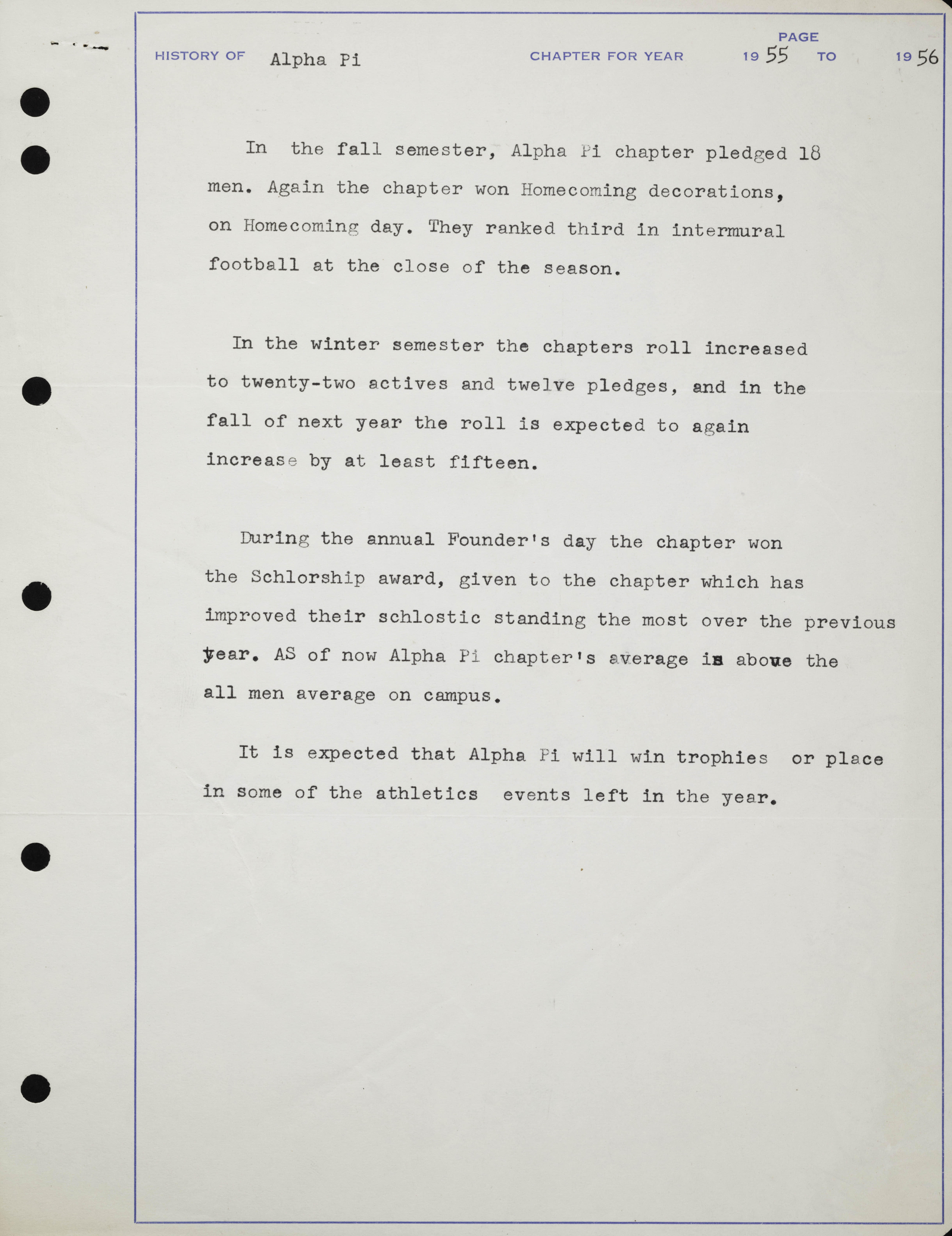 History of Alpha Pi Chapter, 1955-1956