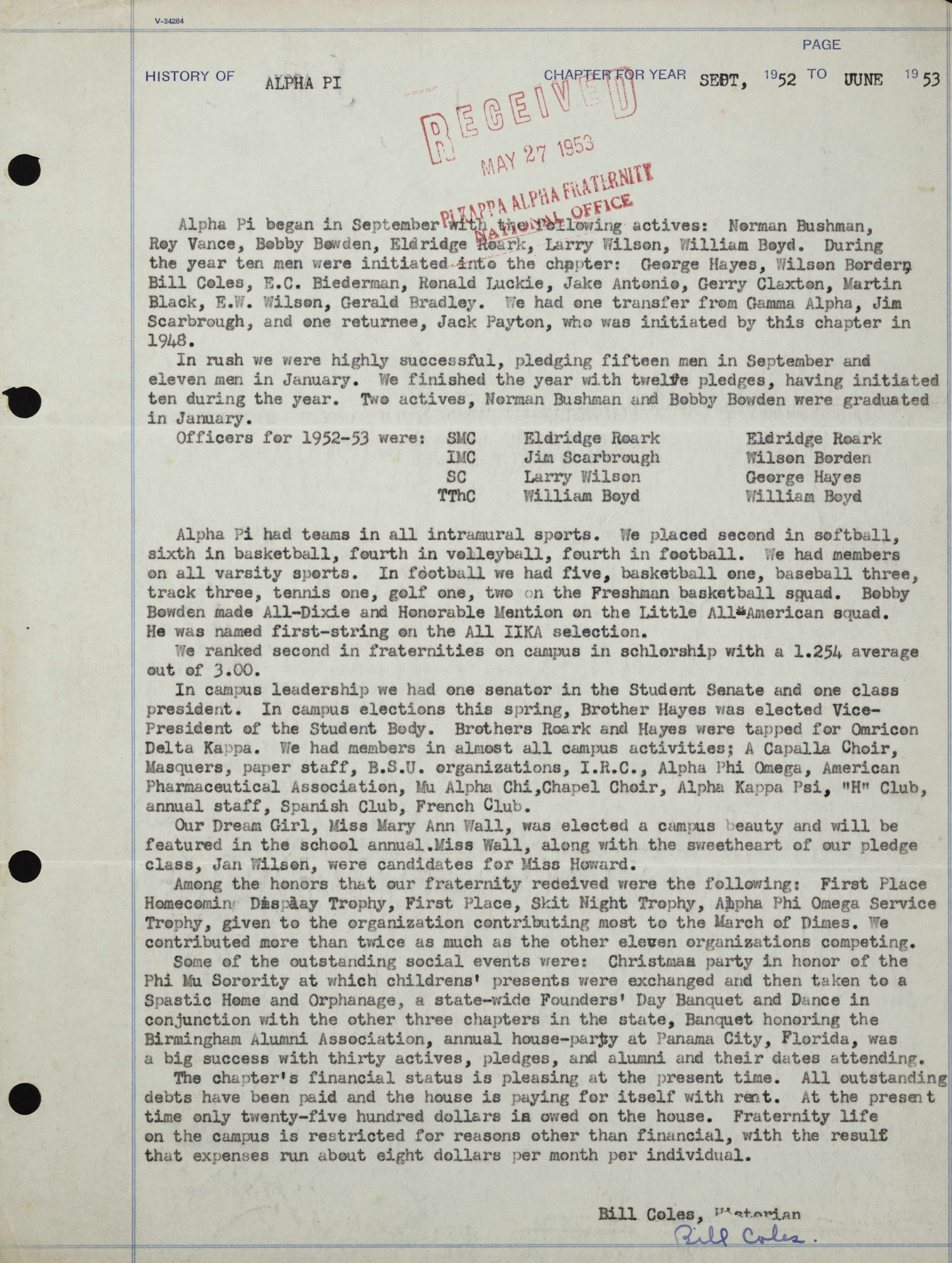 History of Alpha Pi Chapter, September 1952-June 1953