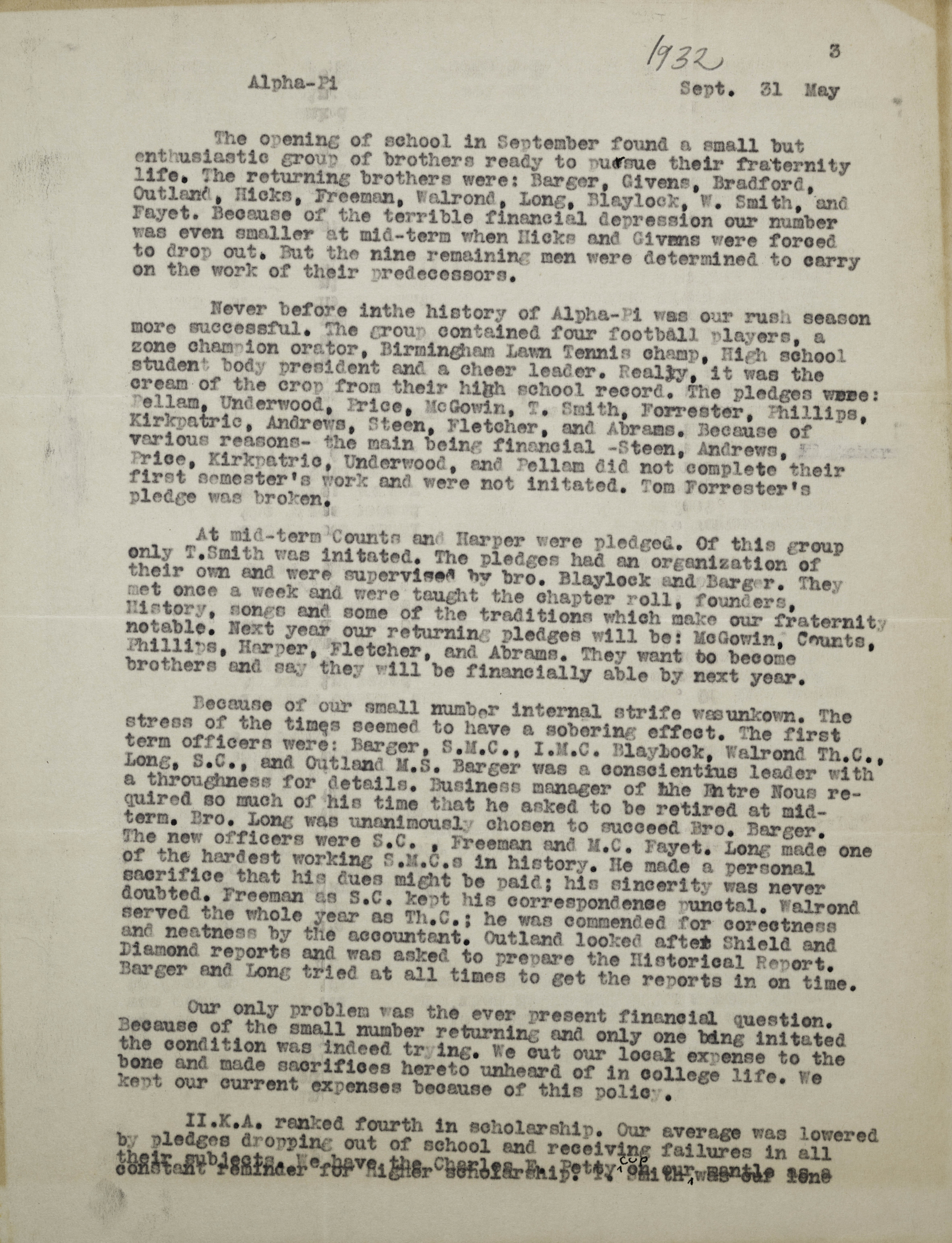 Alpha Pi Chapter History, September 1931-May 1932