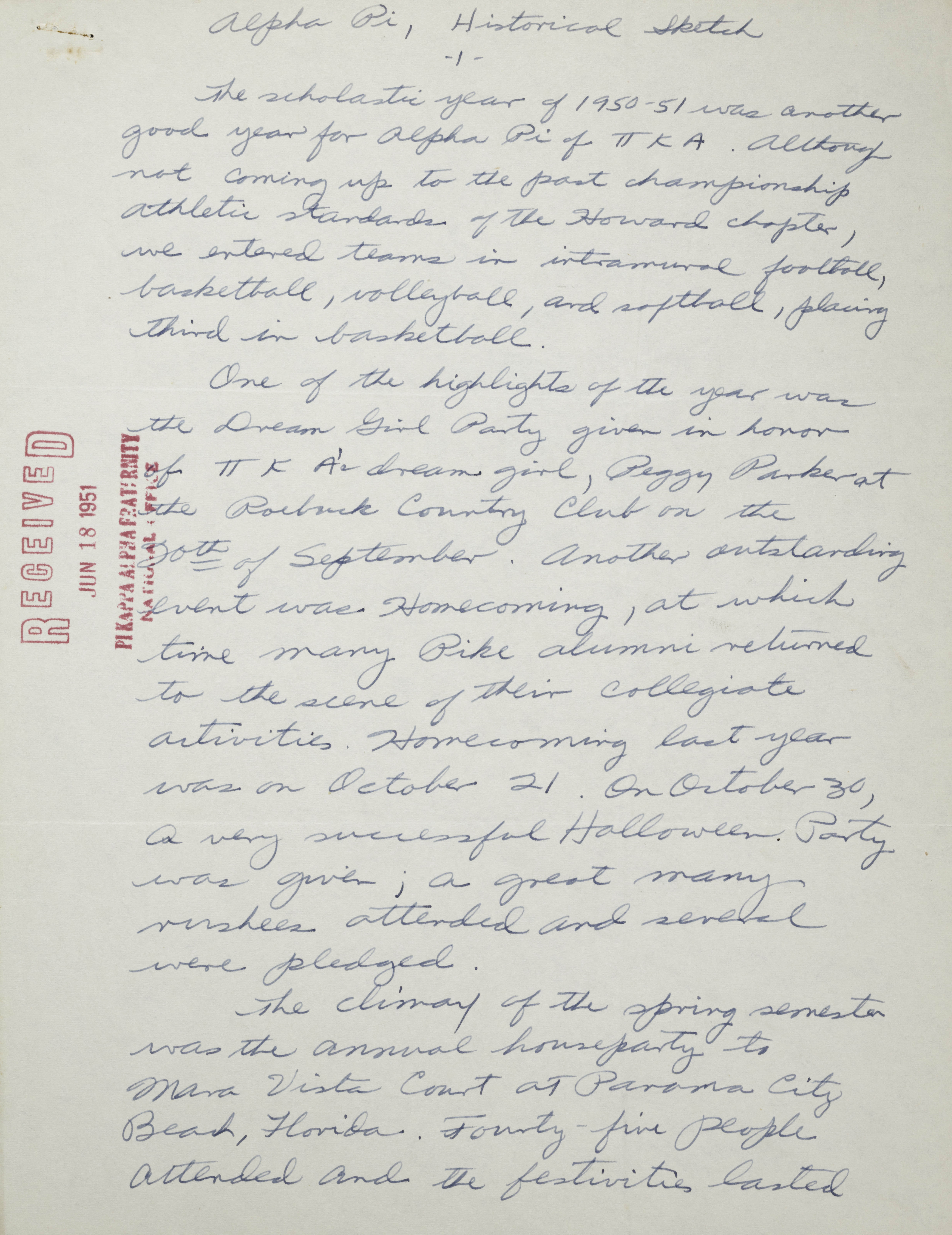 Alpha Pi Historical Sketch, 1951