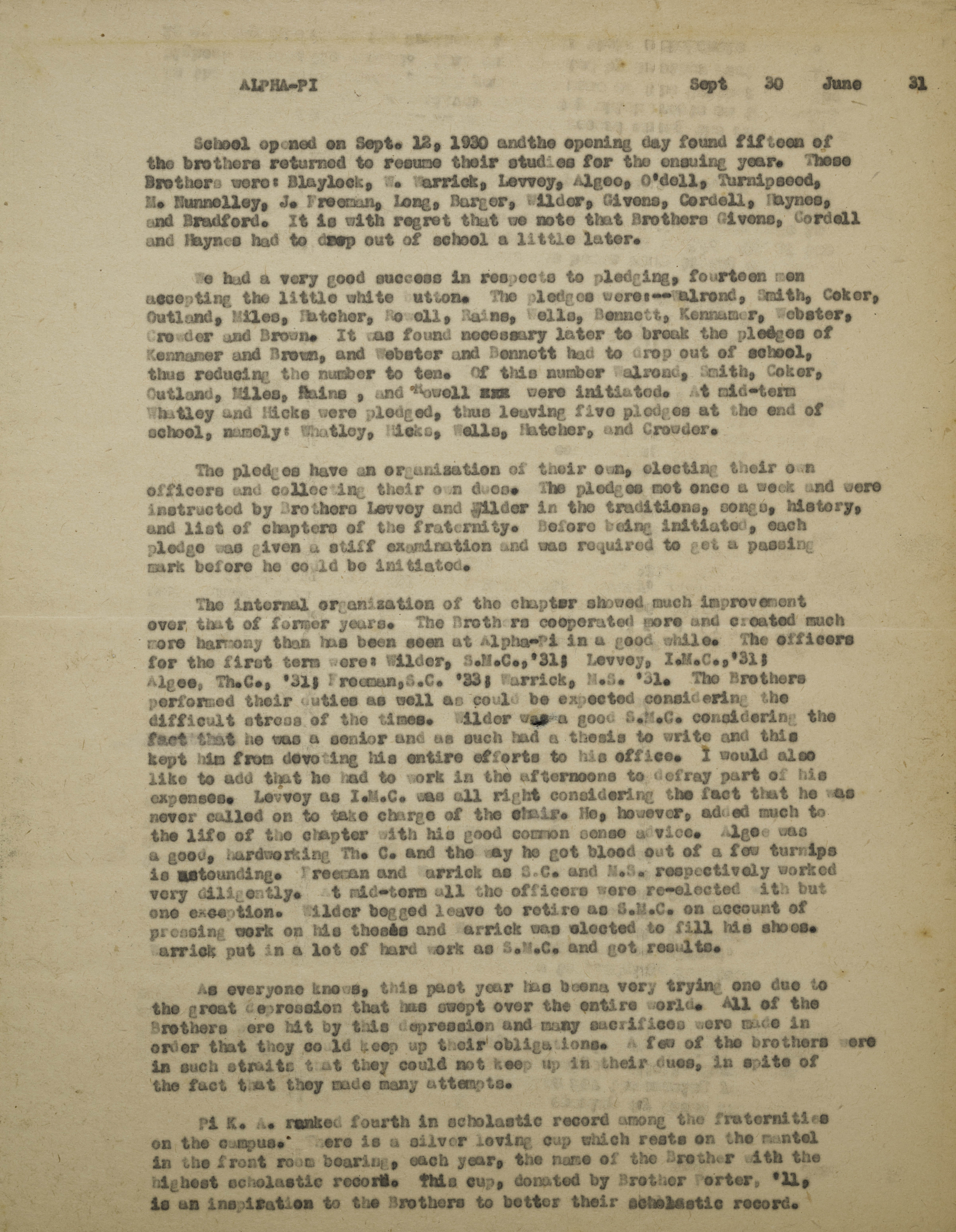 Alpha Pi Chapter History, September 1930-June 1931
