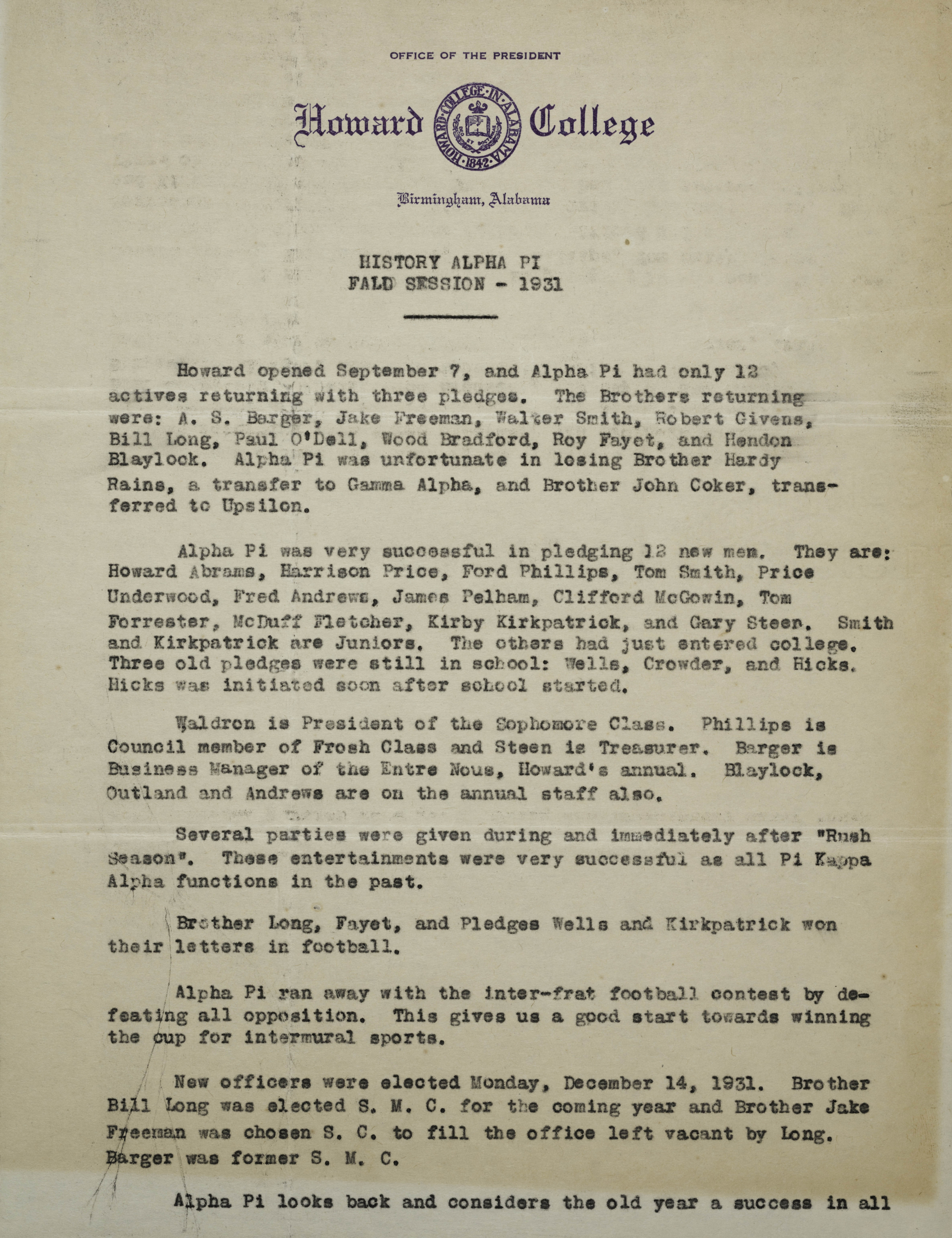 History of Alpha Pi Fall Session, 1931