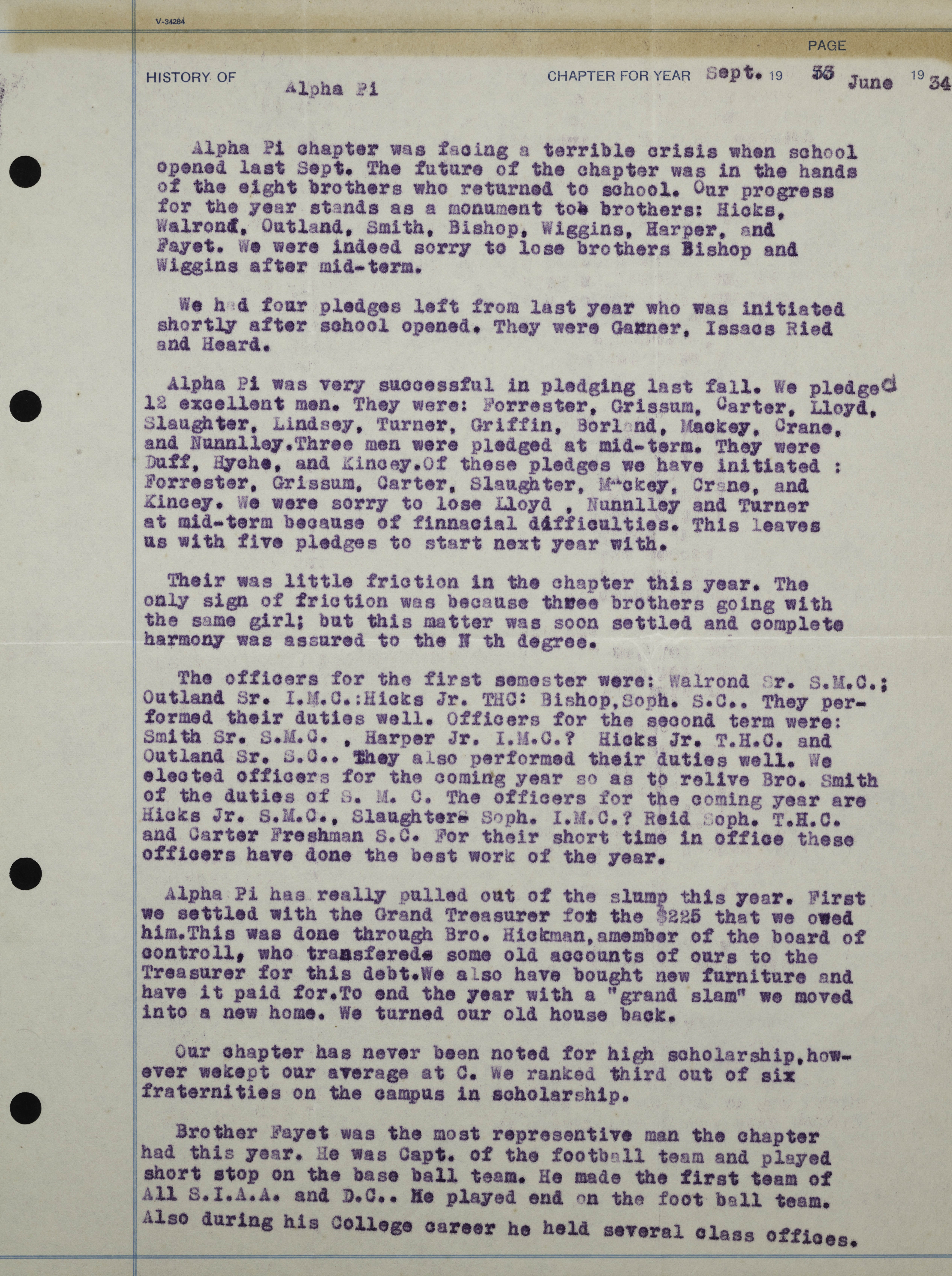 History of Alpha Pi Chapter, September 1933-June 1934